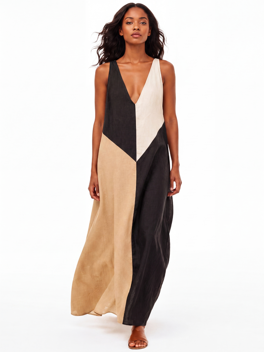 PERSEPHONE Women's Colorblock V-Neck Sleeveless Maxi Dress