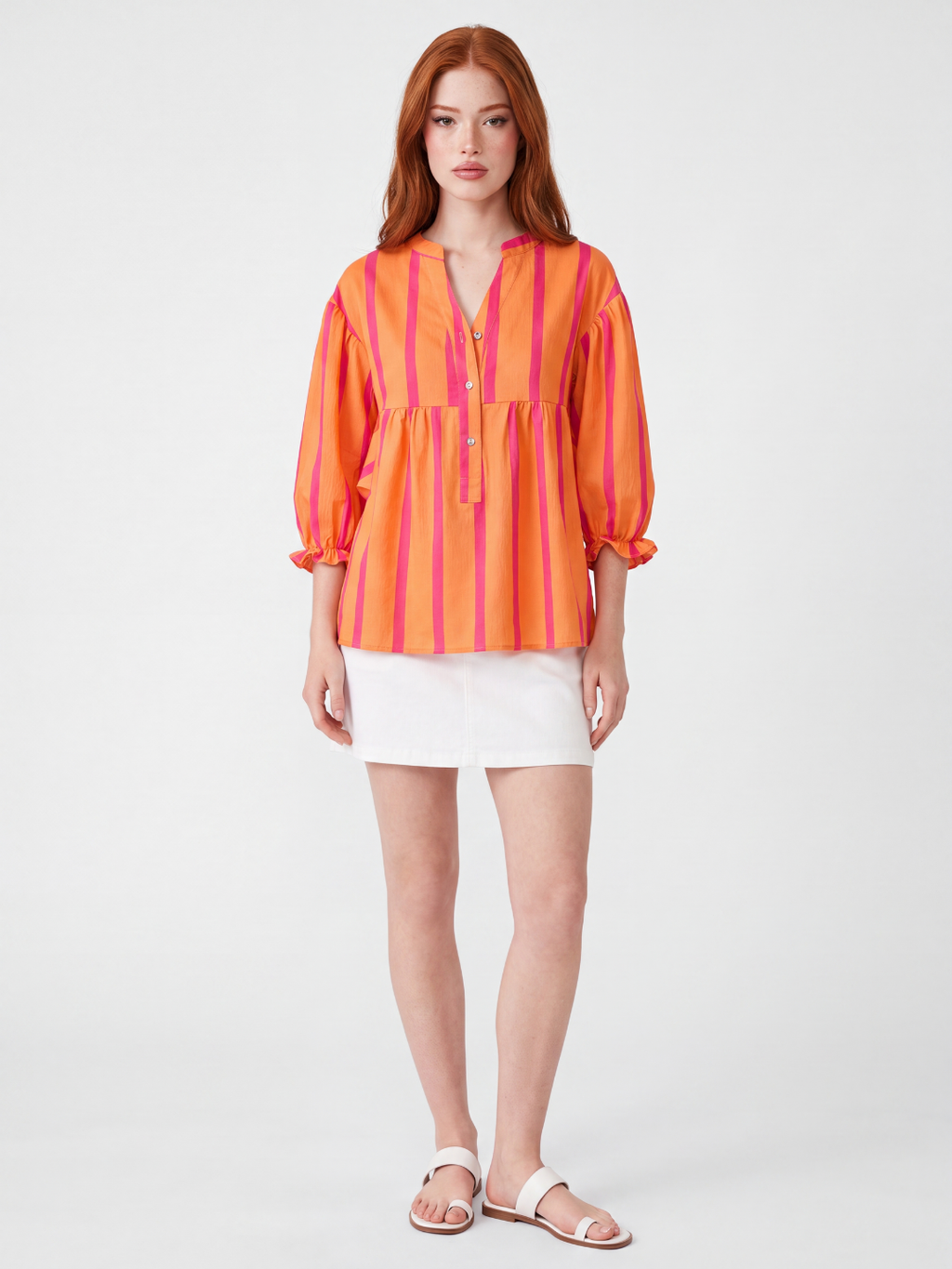 CALLA Women's Striped Notch-Neck Button-Front Peplum Blouse