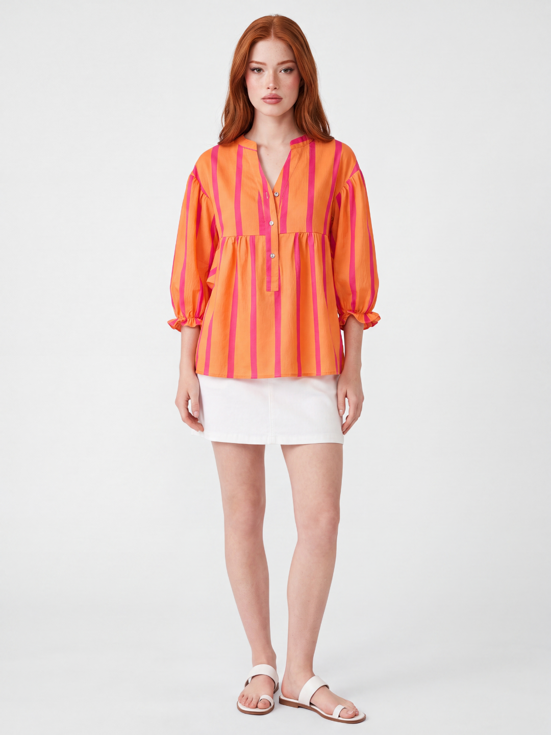 CALLA Women's Striped Notch-Neck Button-Front Peplum Blouse