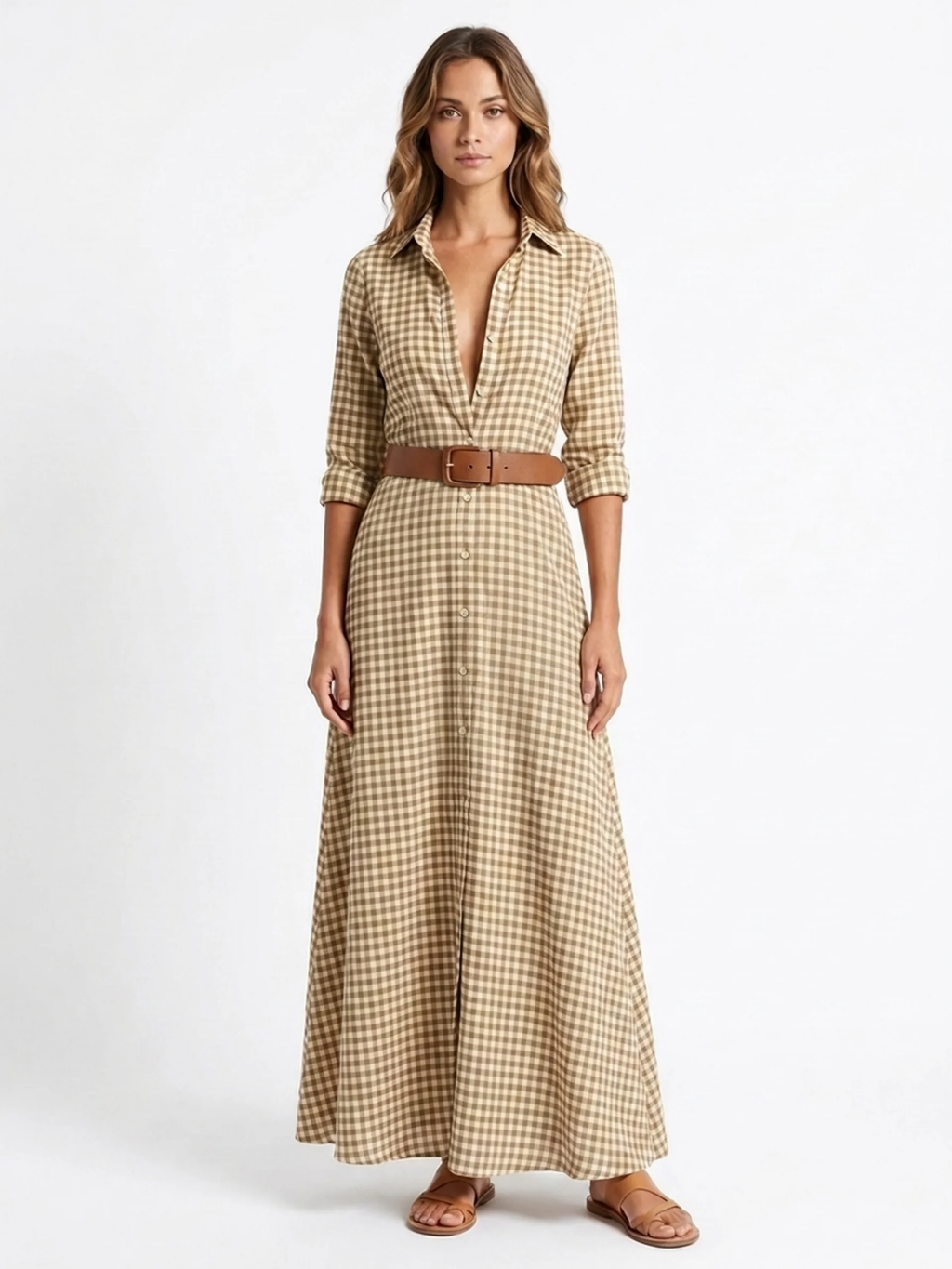 TAMSIN Women's Gingham Belted Wrap Shirt Maxi Dress