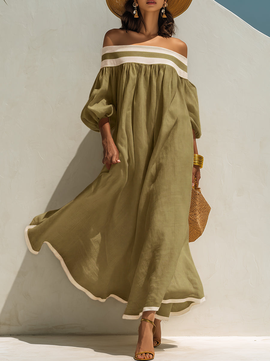 Ava | Linen Off-Shoulder Balloon Sleeve Maxi Dress