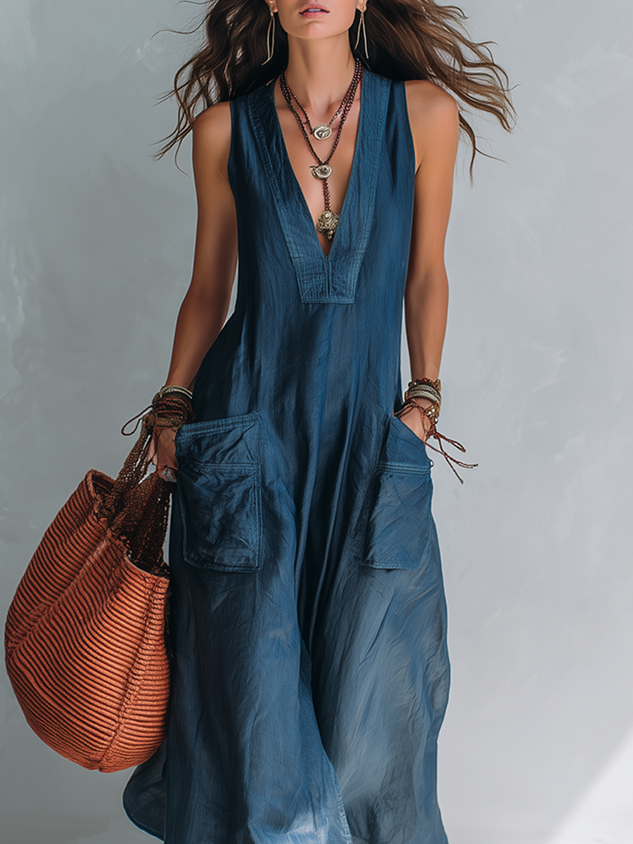 Sundae | Chambray V-Neck Wide-Leg Jumpsuit