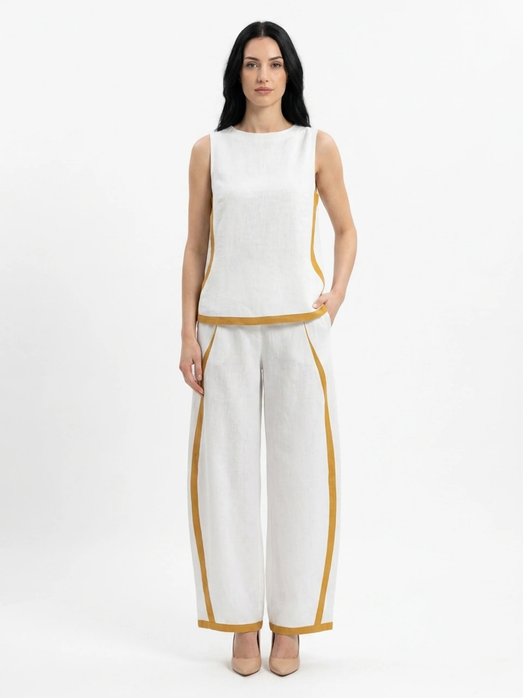 RHIANNON Women's Sleeveless Contrast Trim Linen Top and Wide Leg Trouser Set