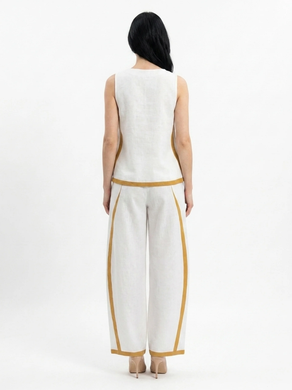 RHIANNON Women's Sleeveless Contrast Trim Linen Top and Wide Leg Trouser Set