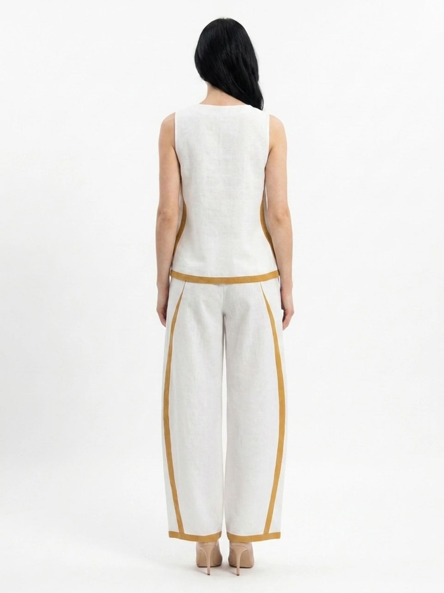 RHIANNON Women's Sleeveless Contrast Trim Linen Top and Wide Leg Trouser Set