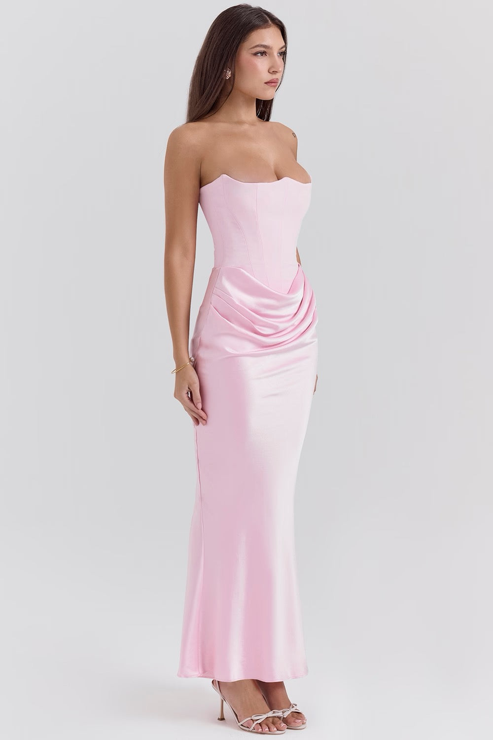 Cynthia | Strapless Draped Satin Maxi Dress