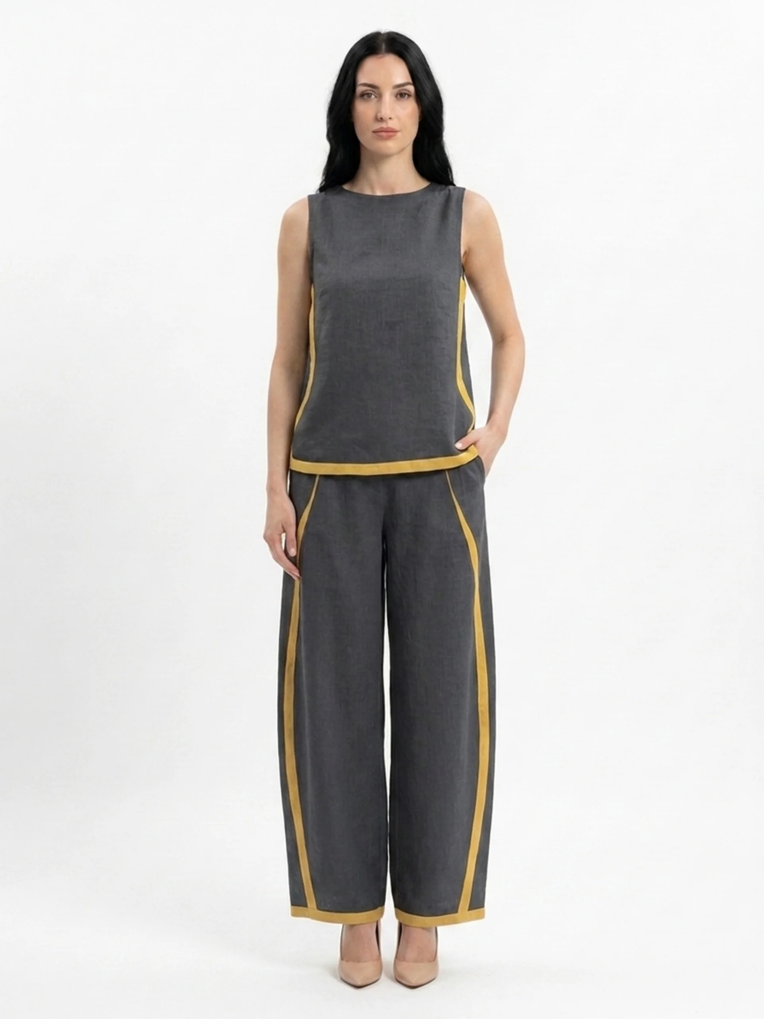 RHIANNON Women's Sleeveless Contrast Trim Linen Top and Wide Leg Trouser Set