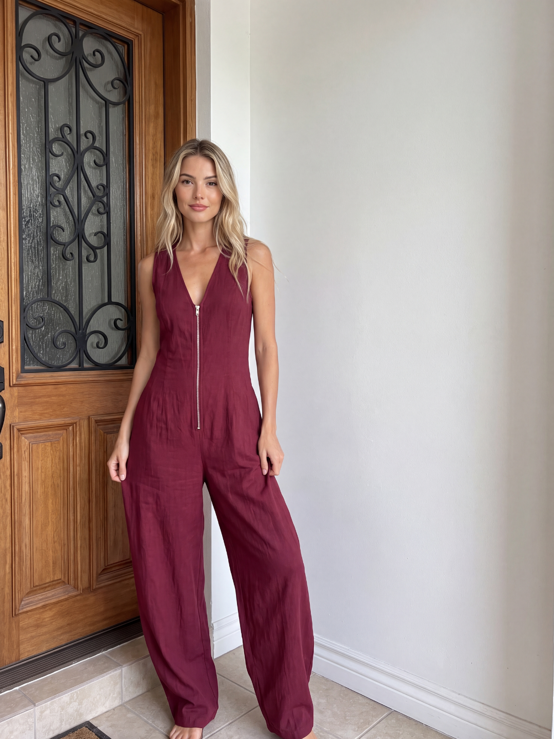 QUINCY Women's Zip-Front V-Neck Wide-Leg Jumpsuit