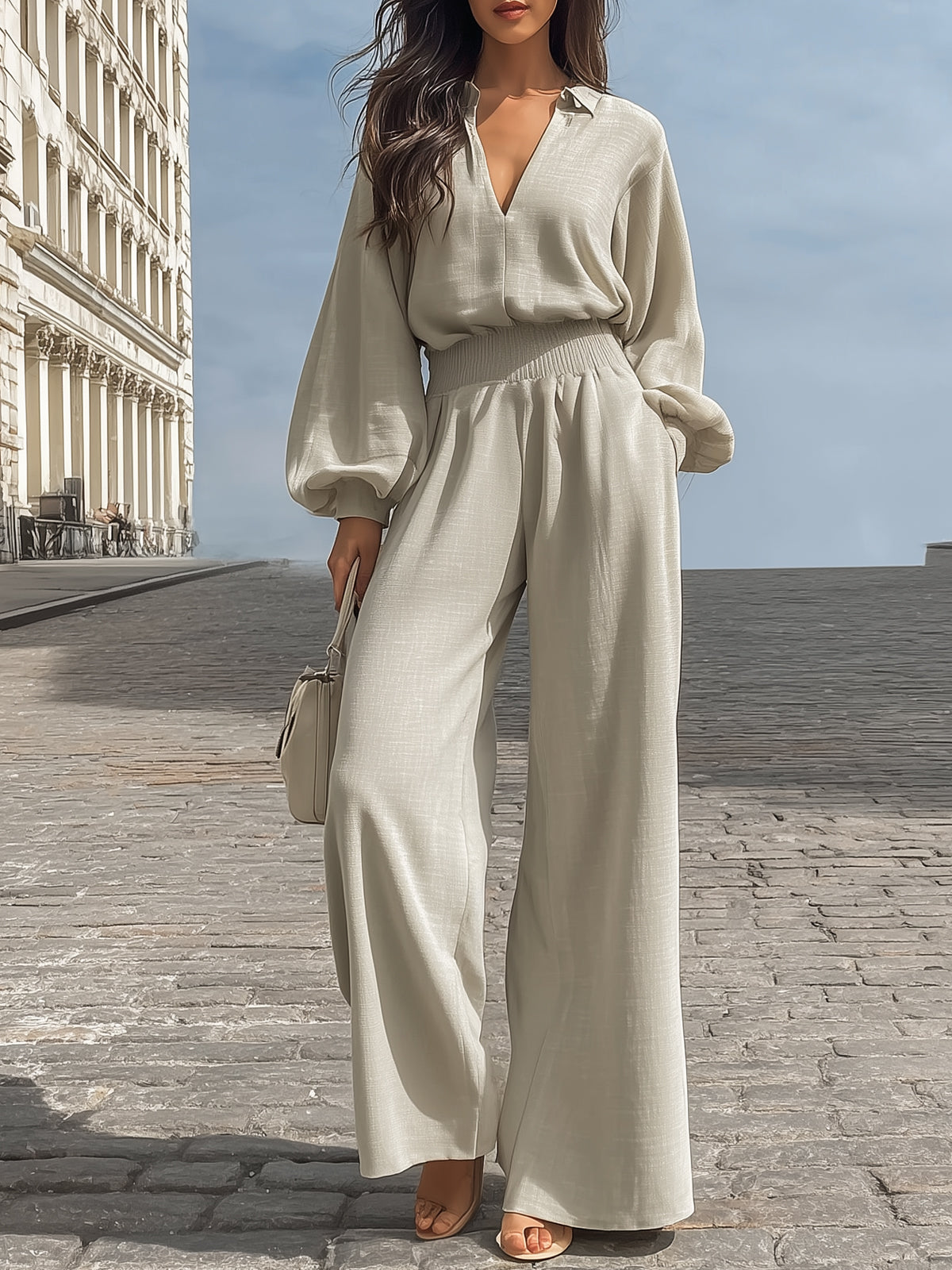 Nadia | Linen Collared V-Neck Wide-Leg Co-ord Set