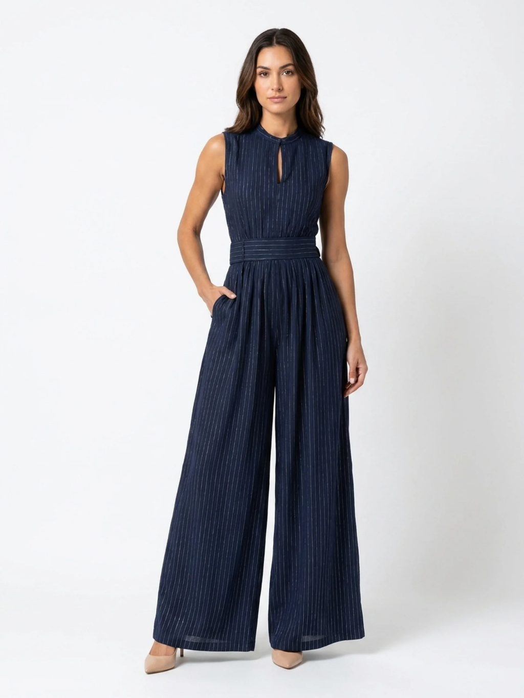 CLEO Women's Metallic Pinstripe Mock Neck Wide-Leg Jumpsuit