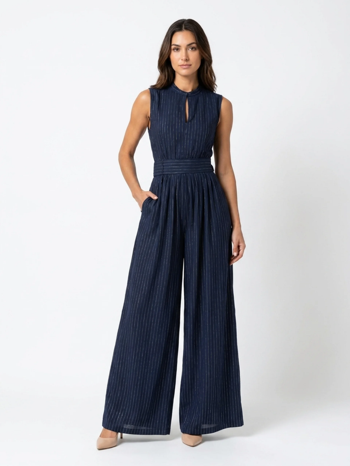 CLEO Women's Metallic Pinstripe Mock Neck Wide-Leg Jumpsuit