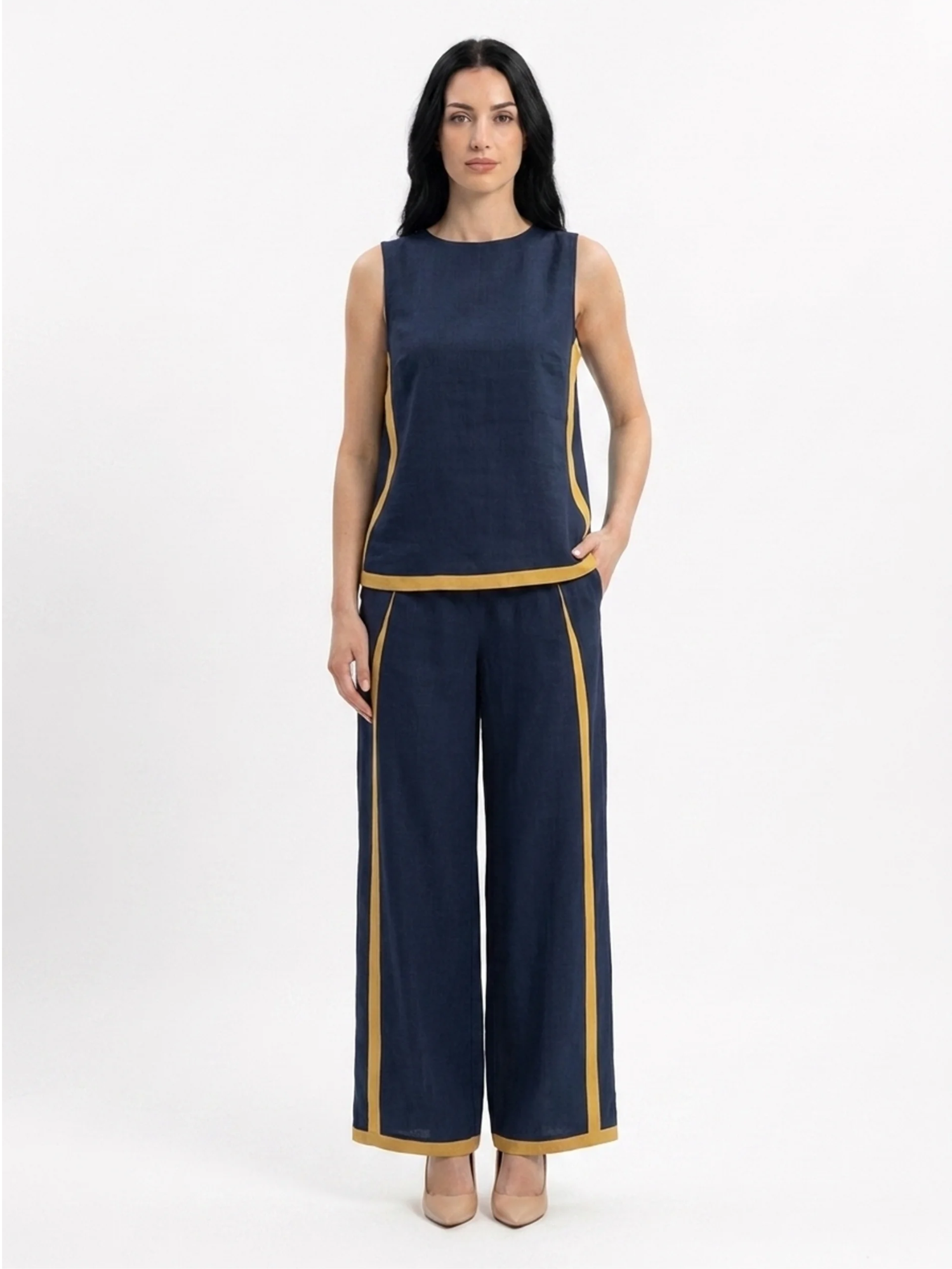 RHIANNON Women's Sleeveless Contrast Trim Linen Top and Wide Leg Trouser Set