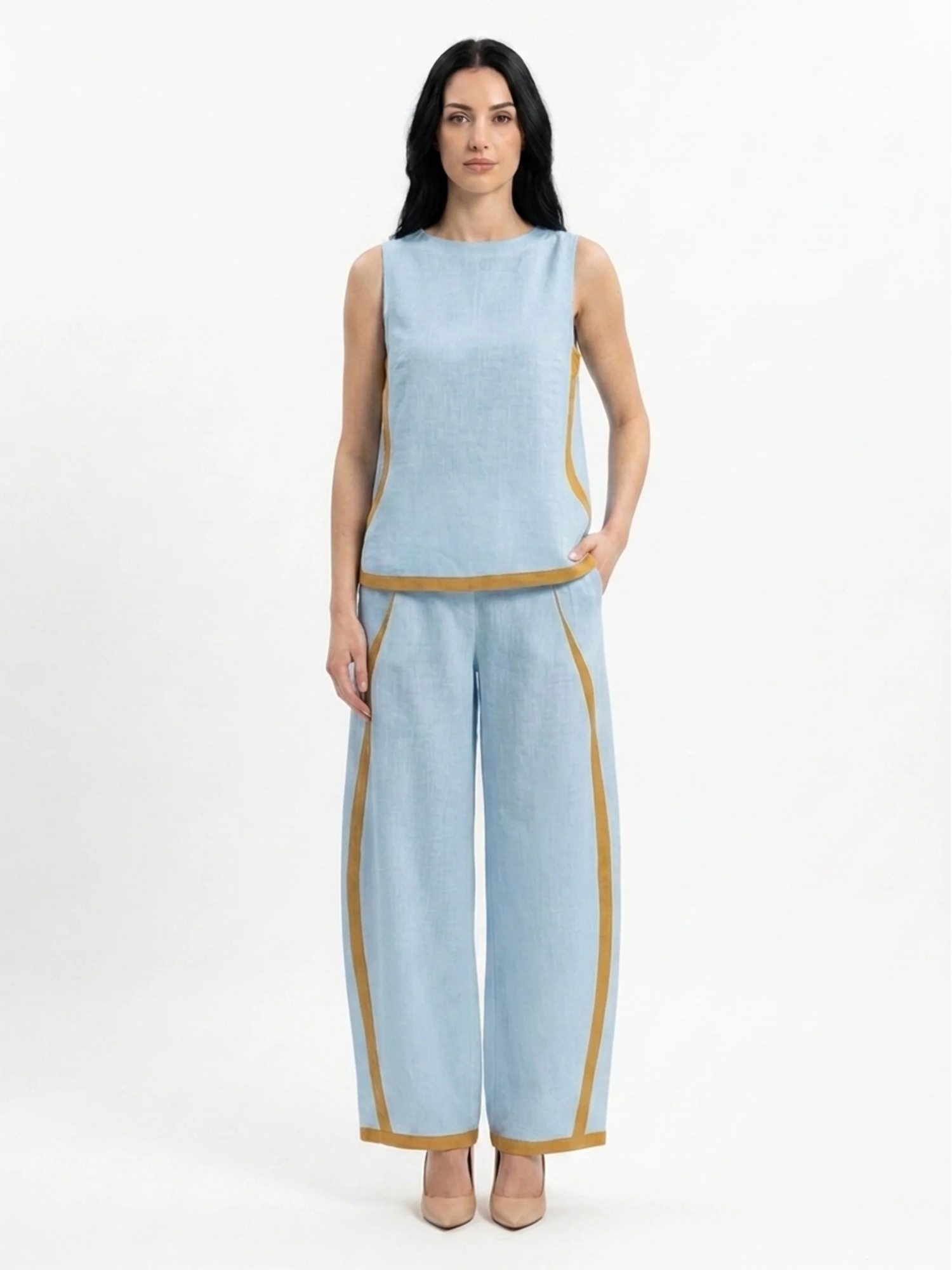RHIANNON Women's Sleeveless Contrast Trim Linen Top and Wide Leg Trouser Set