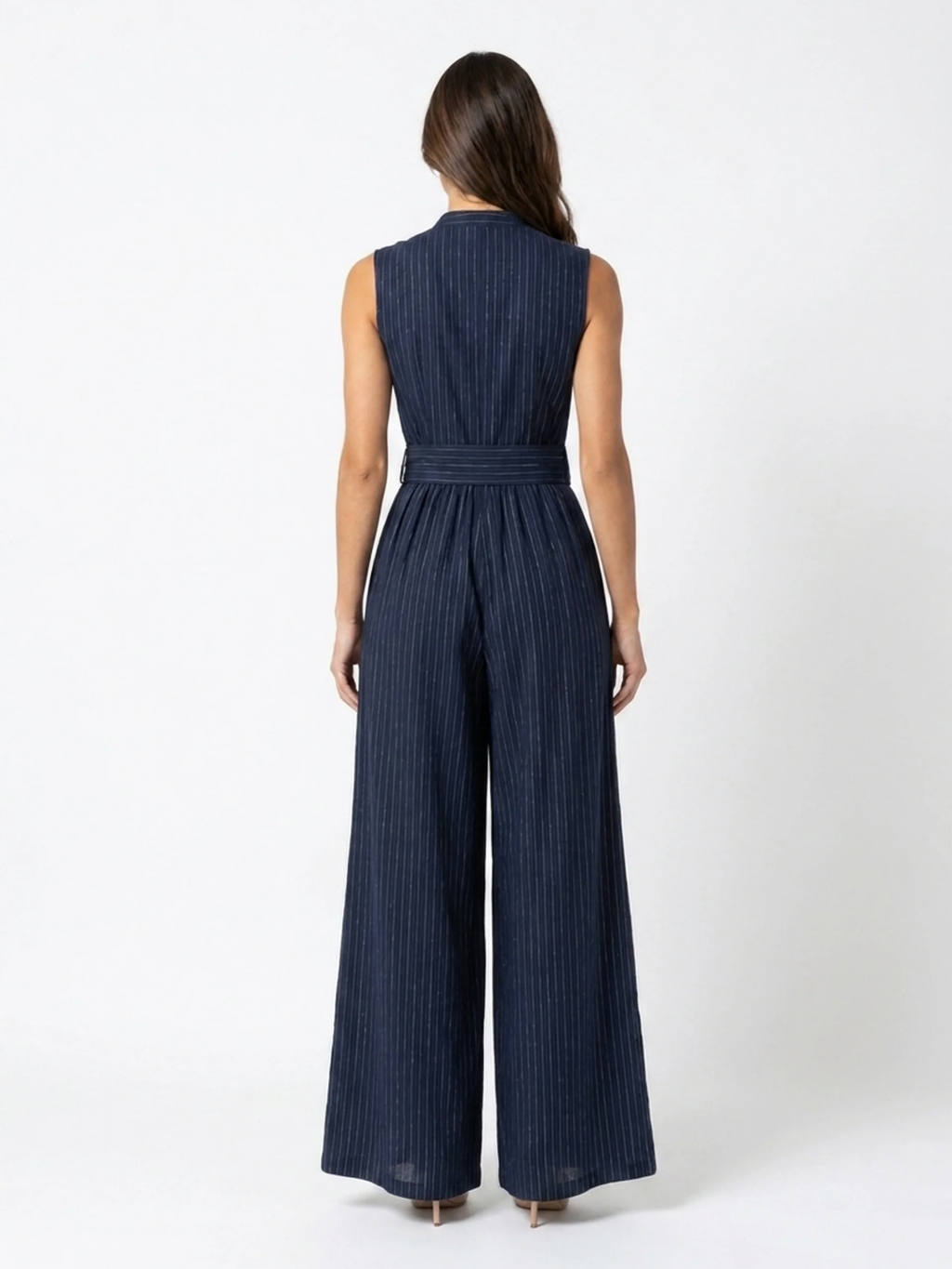 CLEO Women's Metallic Pinstripe Mock Neck Wide-Leg Jumpsuit