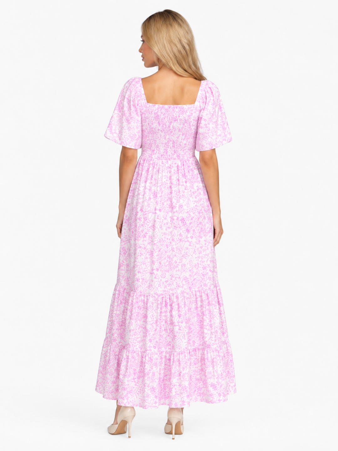 LAVINIA Women's Short Sleeve Floral Print Tiered Maxi Dress