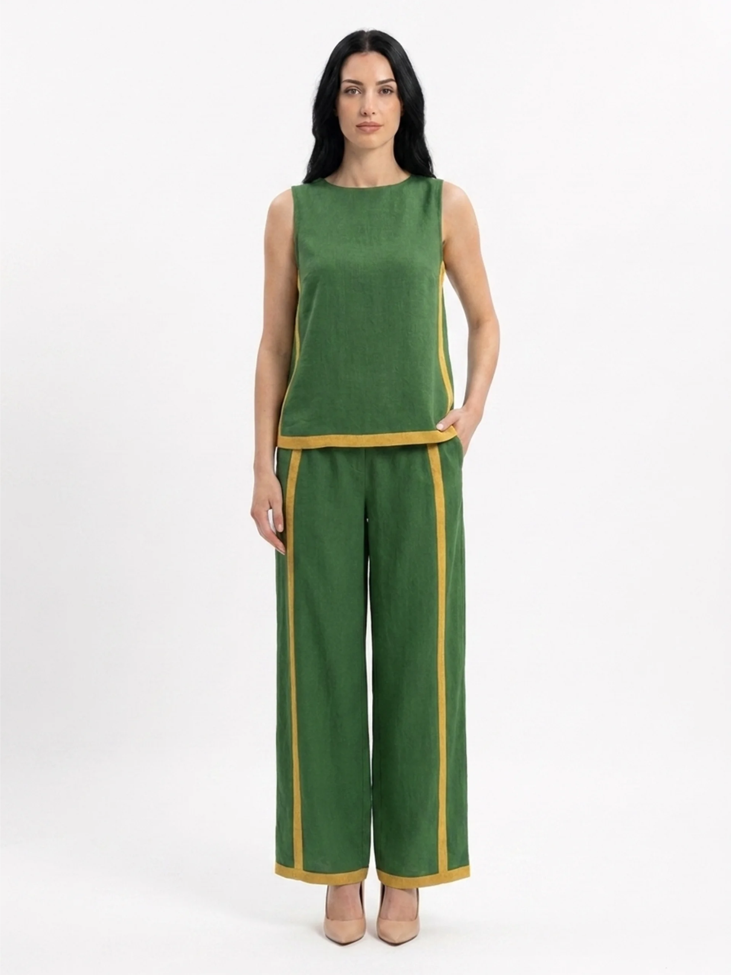 RHIANNON Women's Sleeveless Contrast Trim Linen Top and Wide Leg Trouser Set