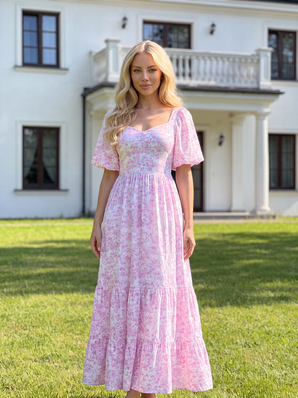 LAVINIA Women's Short Sleeve Floral Print Tiered Maxi Dress