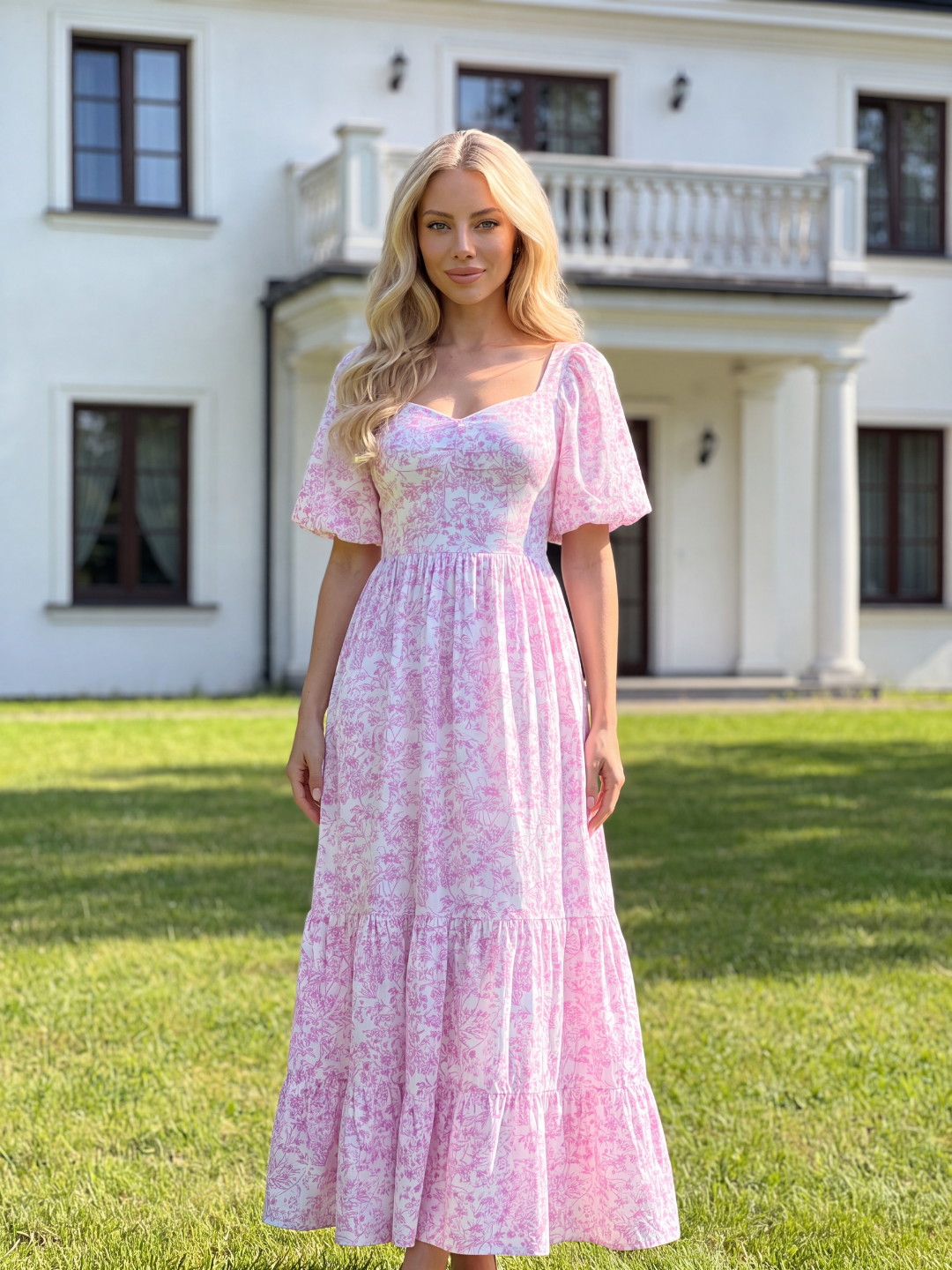 LAVINIA Women's Short Sleeve Floral Print Tiered Maxi Dress