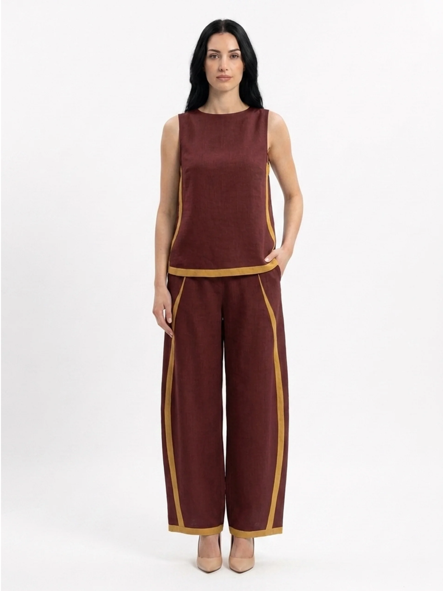 RHIANNON Women's Sleeveless Contrast Trim Linen Top and Wide Leg Trouser Set