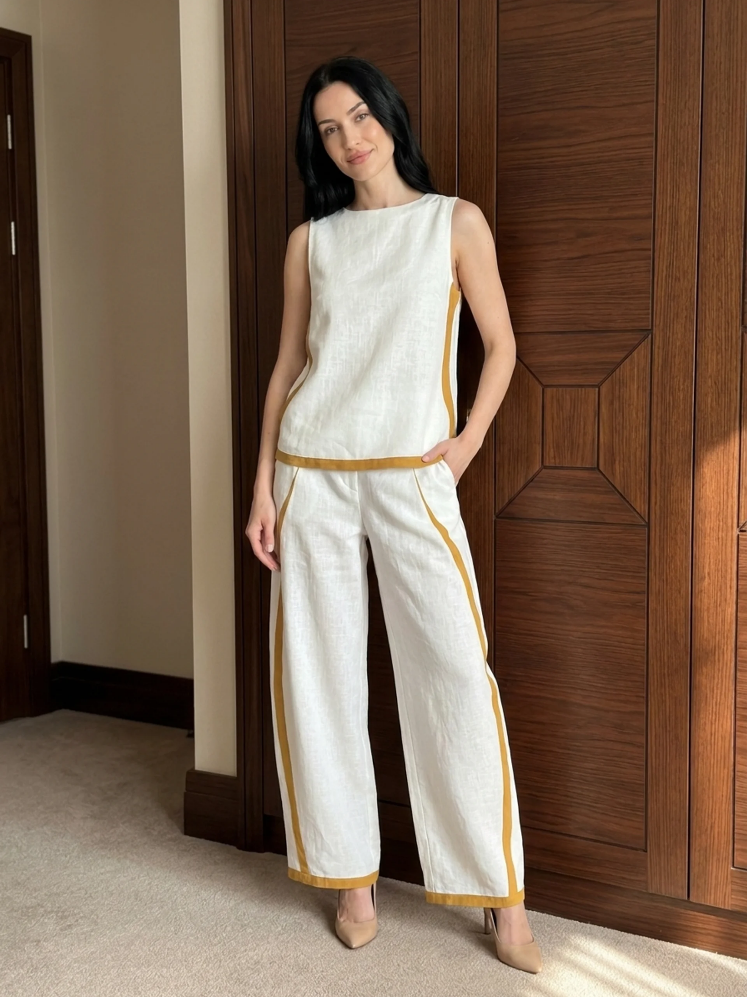 RHIANNON Women's Sleeveless Contrast Trim Linen Top and Wide Leg Trouser Set