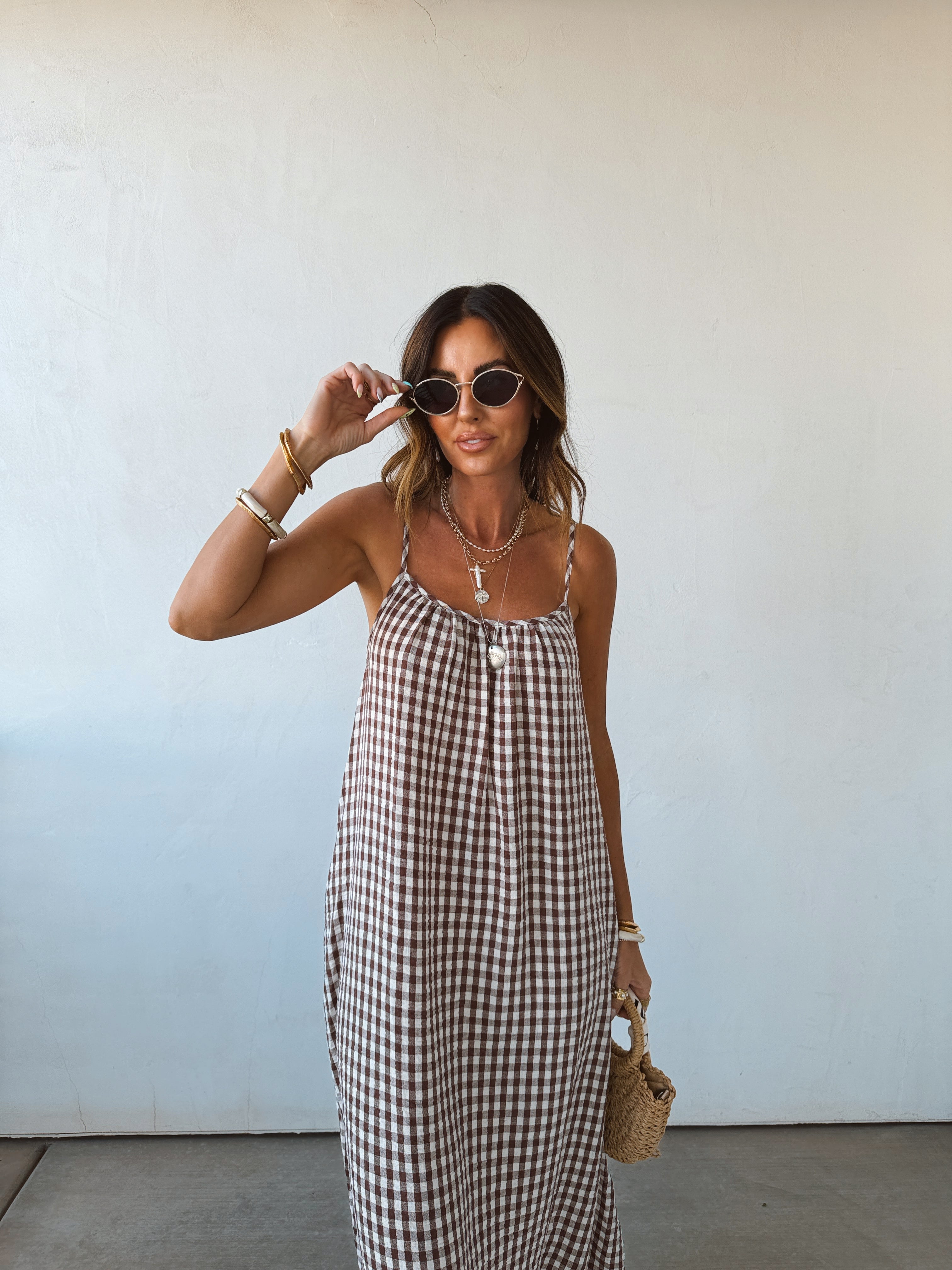 Sadie | Gingham Cotton Scoop-Neck Spaghetti Strap Maxi Dress