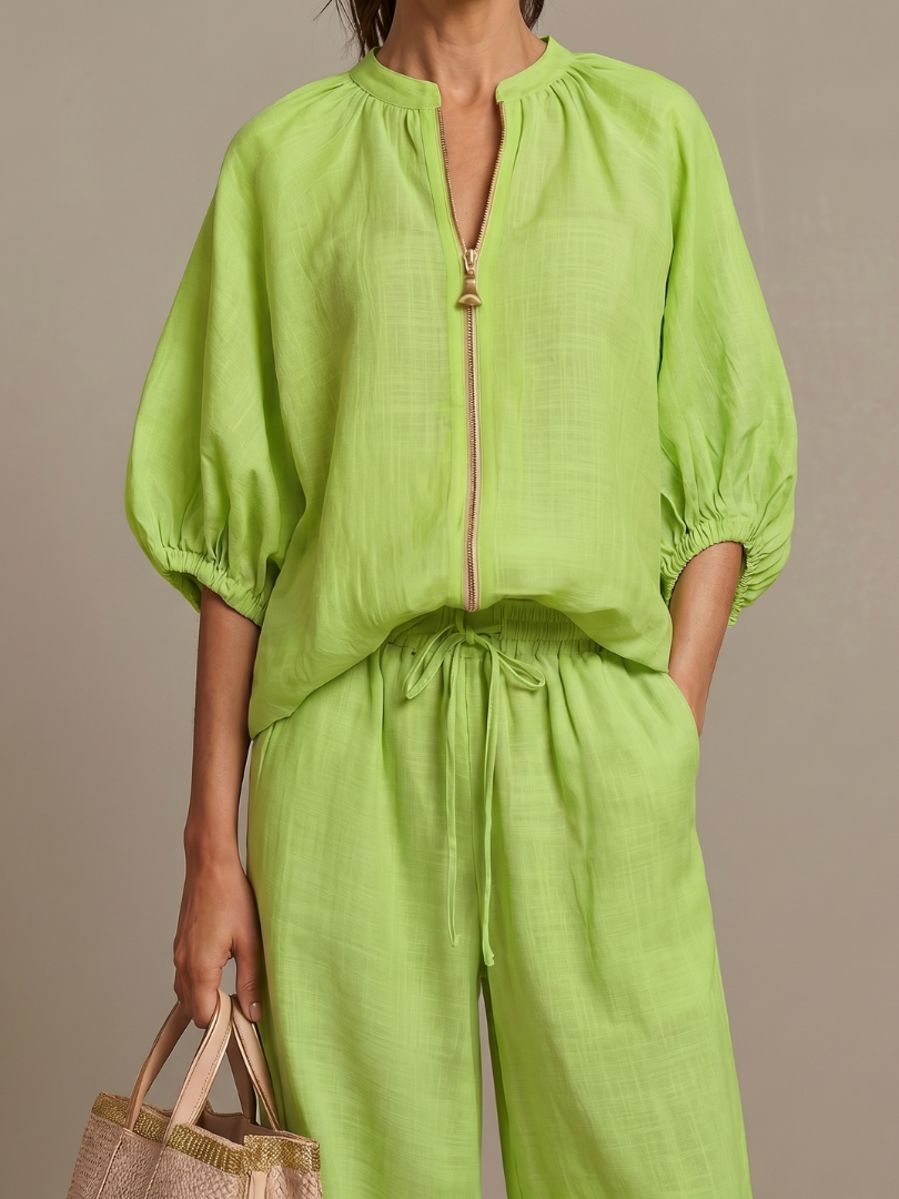 Marlene | Linen Zip-Front Balloon-Sleeve Co-ord Set