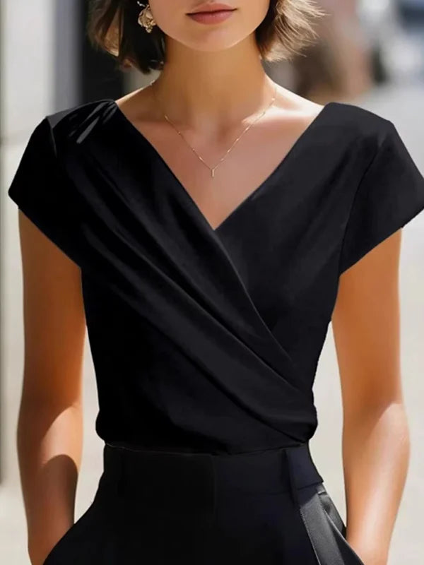 Andrea | Satin Draped Wrap V-Neck Top