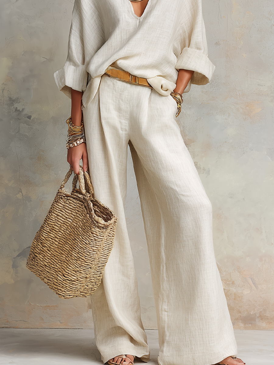 Robin | Linen V-Neck Wide-Leg Co-ord Set