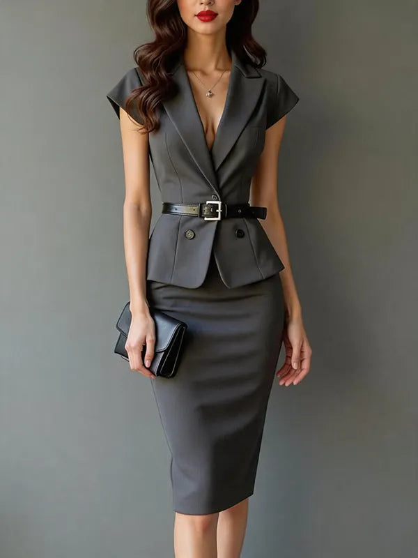 Bess | Belted Lapel Peplum Sheath Dress