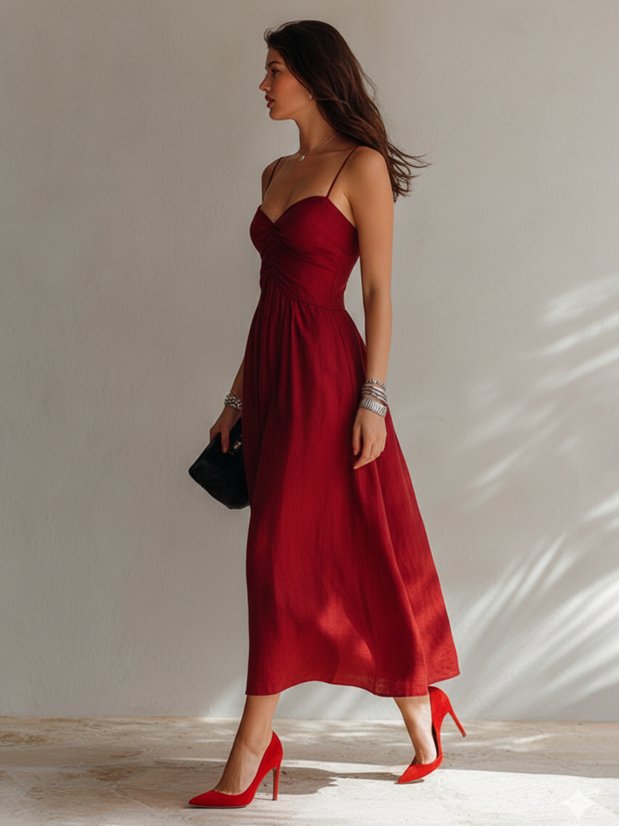 Heather | Linen Sweetheart Midi Dress