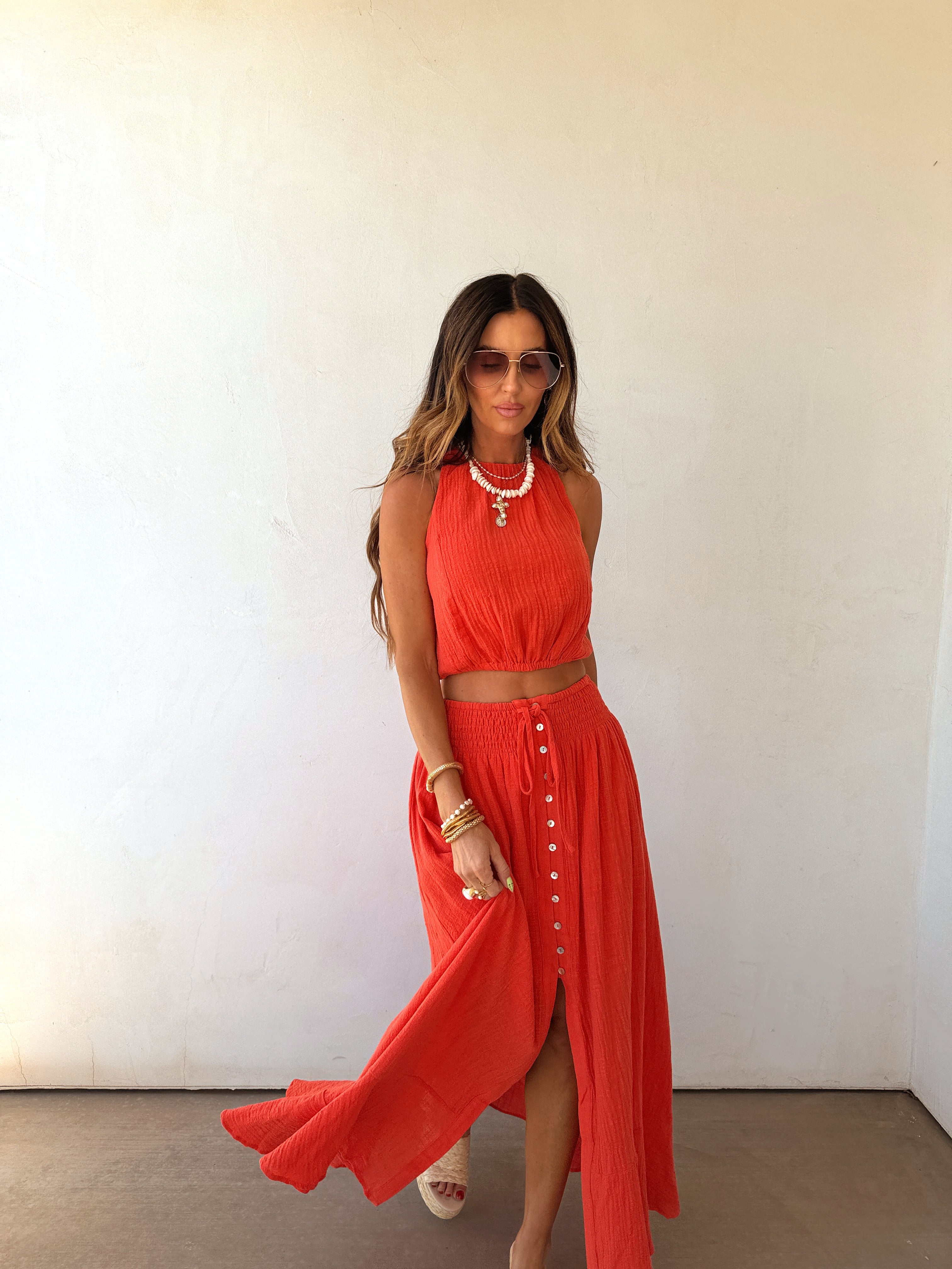 Brooklyn | Cotton Gauze Halter Crop Top Button Maxi Skirt Co-ord Set