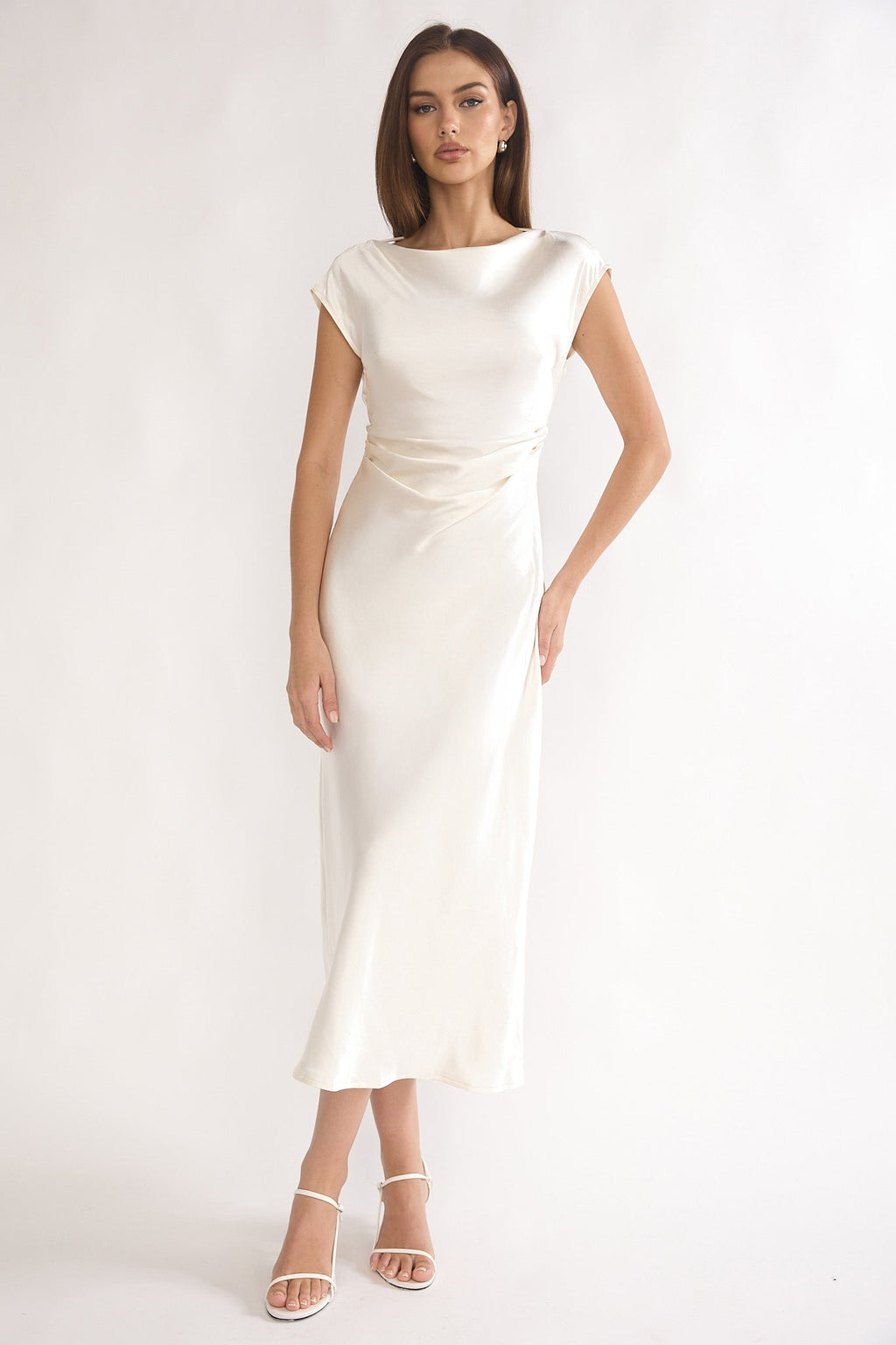 Romy | Satin Ruched Boat-Neck Midi Dress