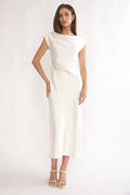 Romy | Satin Ruched Boat-Neck Midi Dress