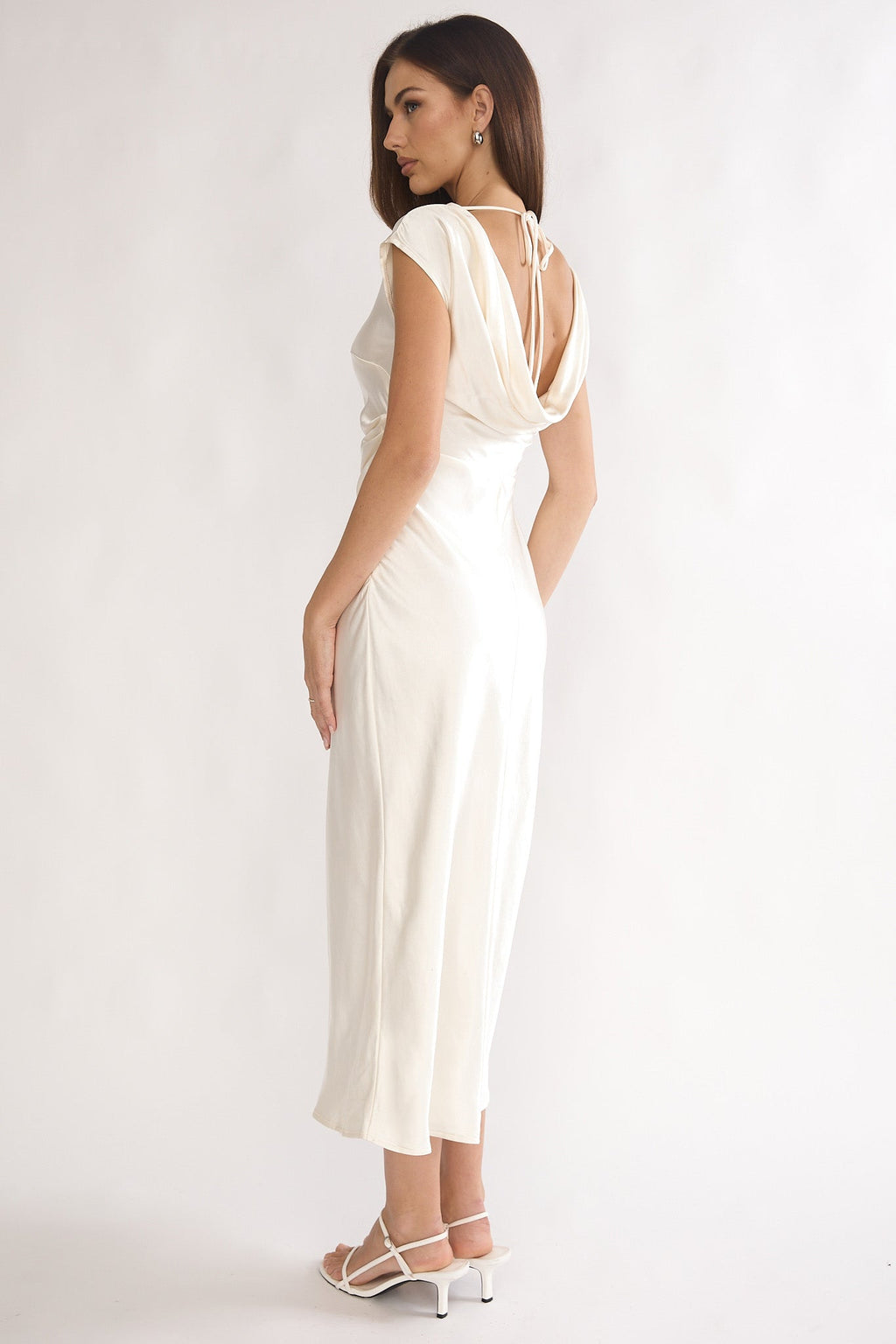 Romy | Satin Ruched Boat-Neck Midi Dress