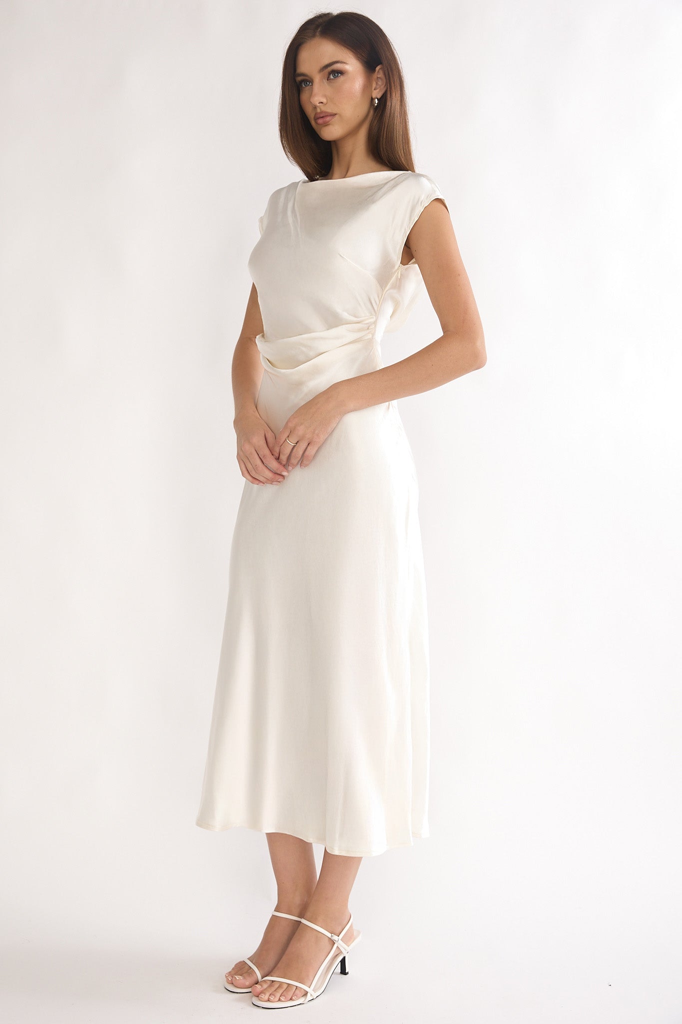 Romy | Satin Ruched Boat-Neck Midi Dress