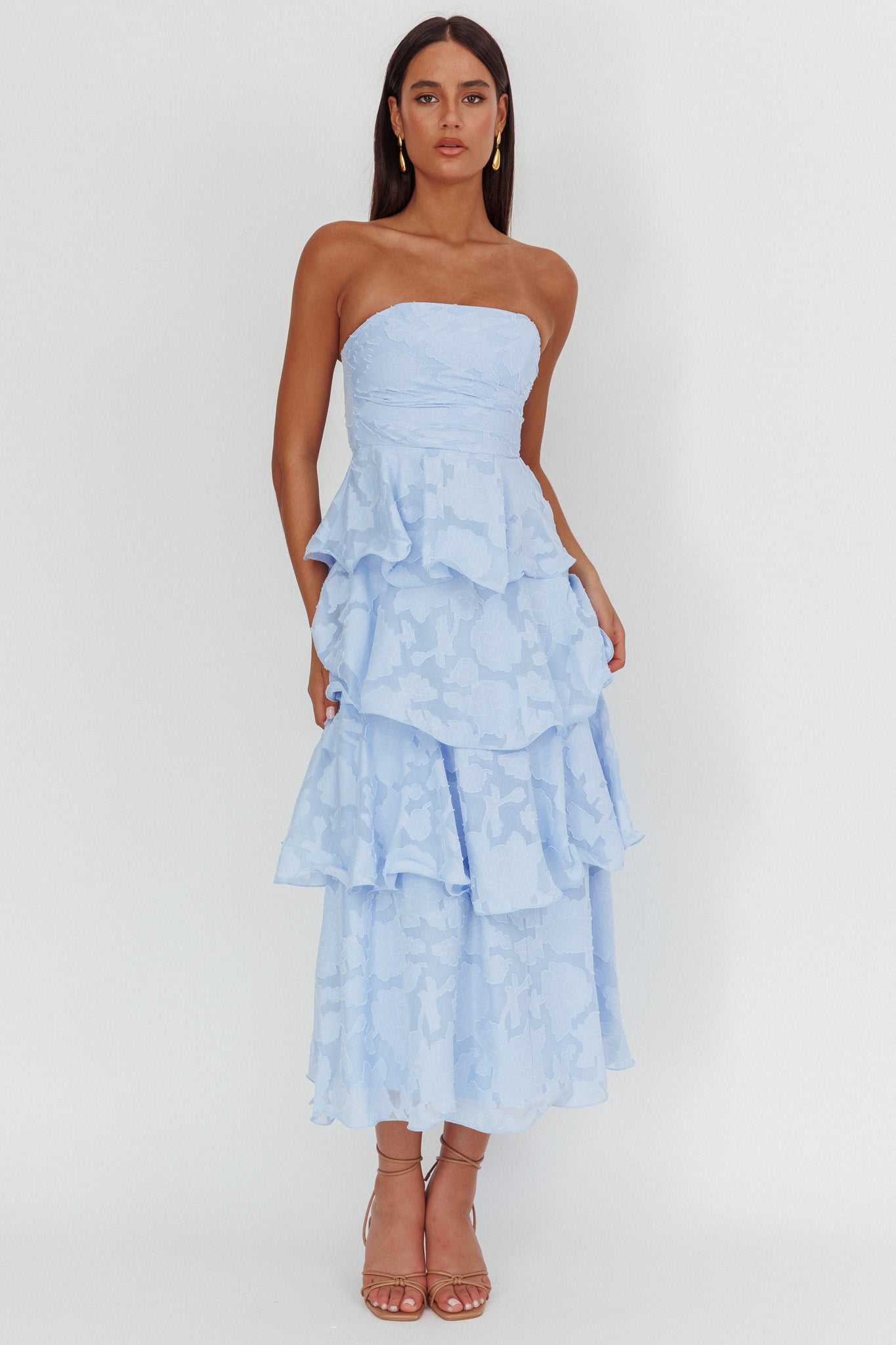 Elodie | Strapless Floral Tiered Ruffle Midi Dress