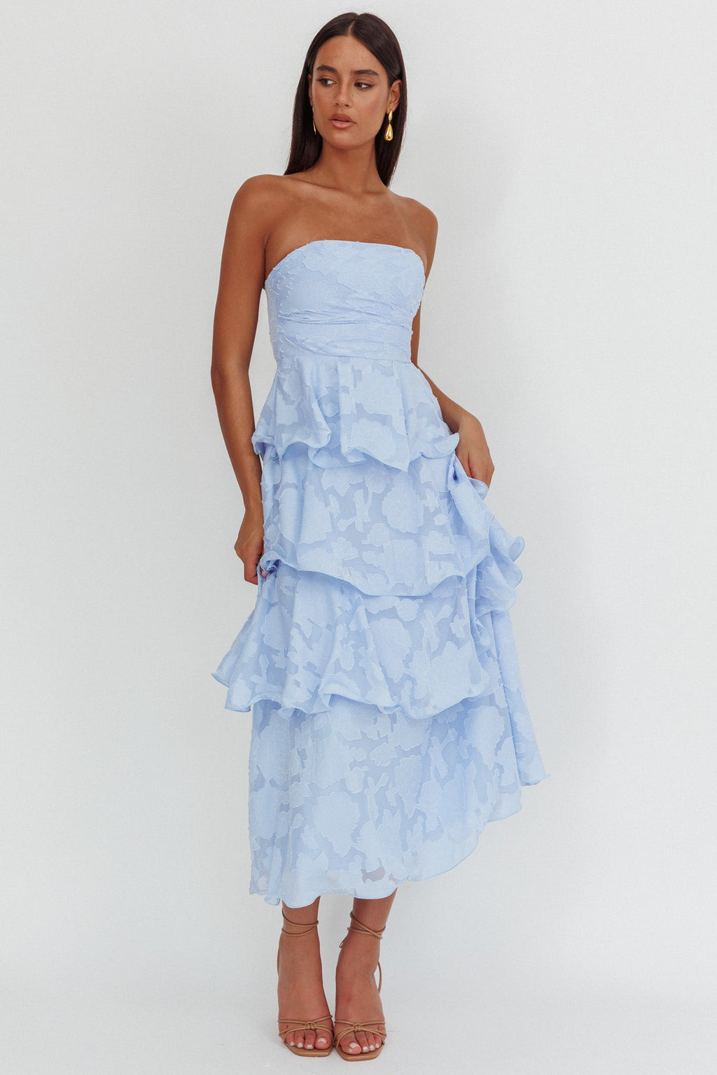 Elodie | Strapless Floral Tiered Ruffle Midi Dress
