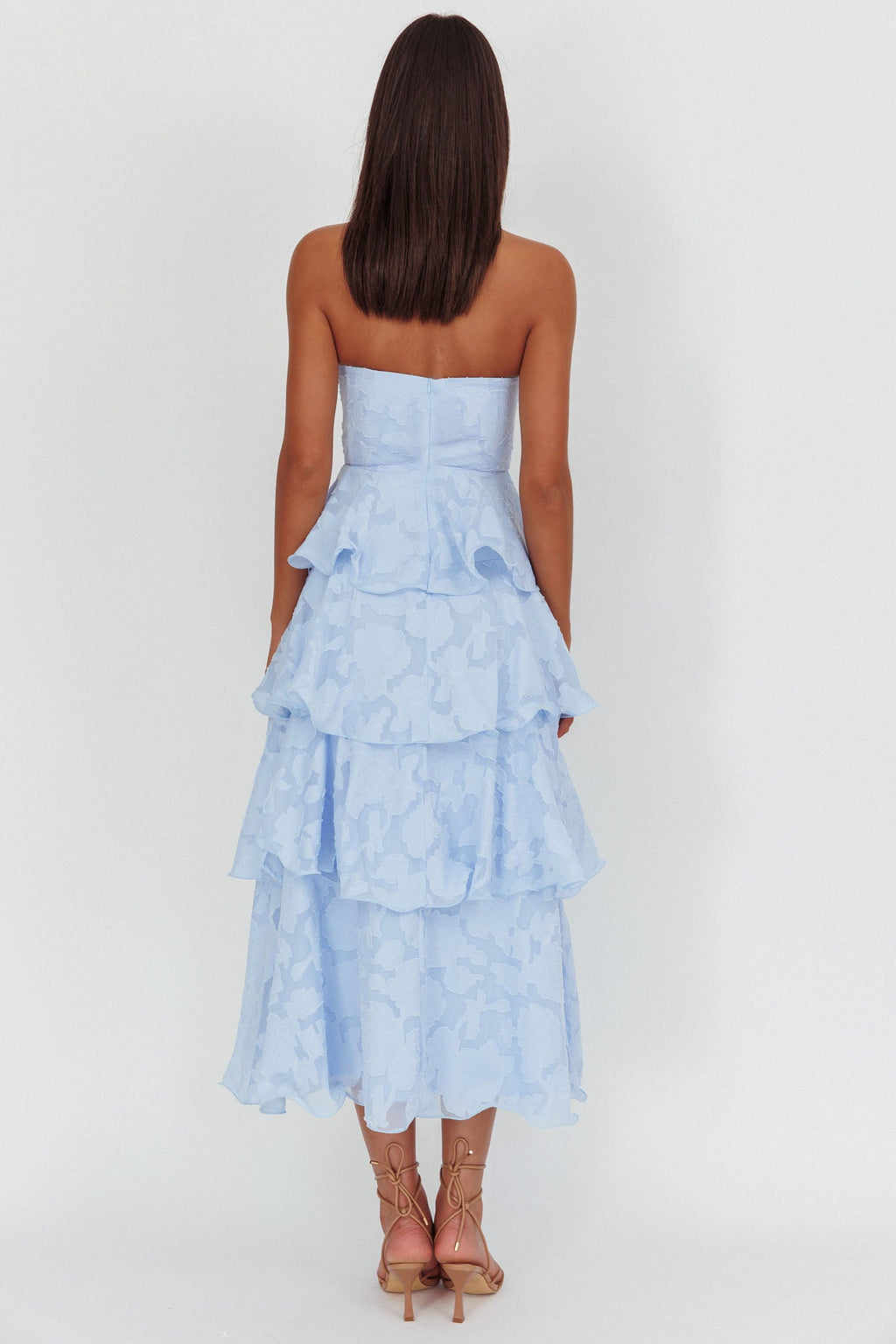 Elodie | Strapless Floral Tiered Ruffle Midi Dress