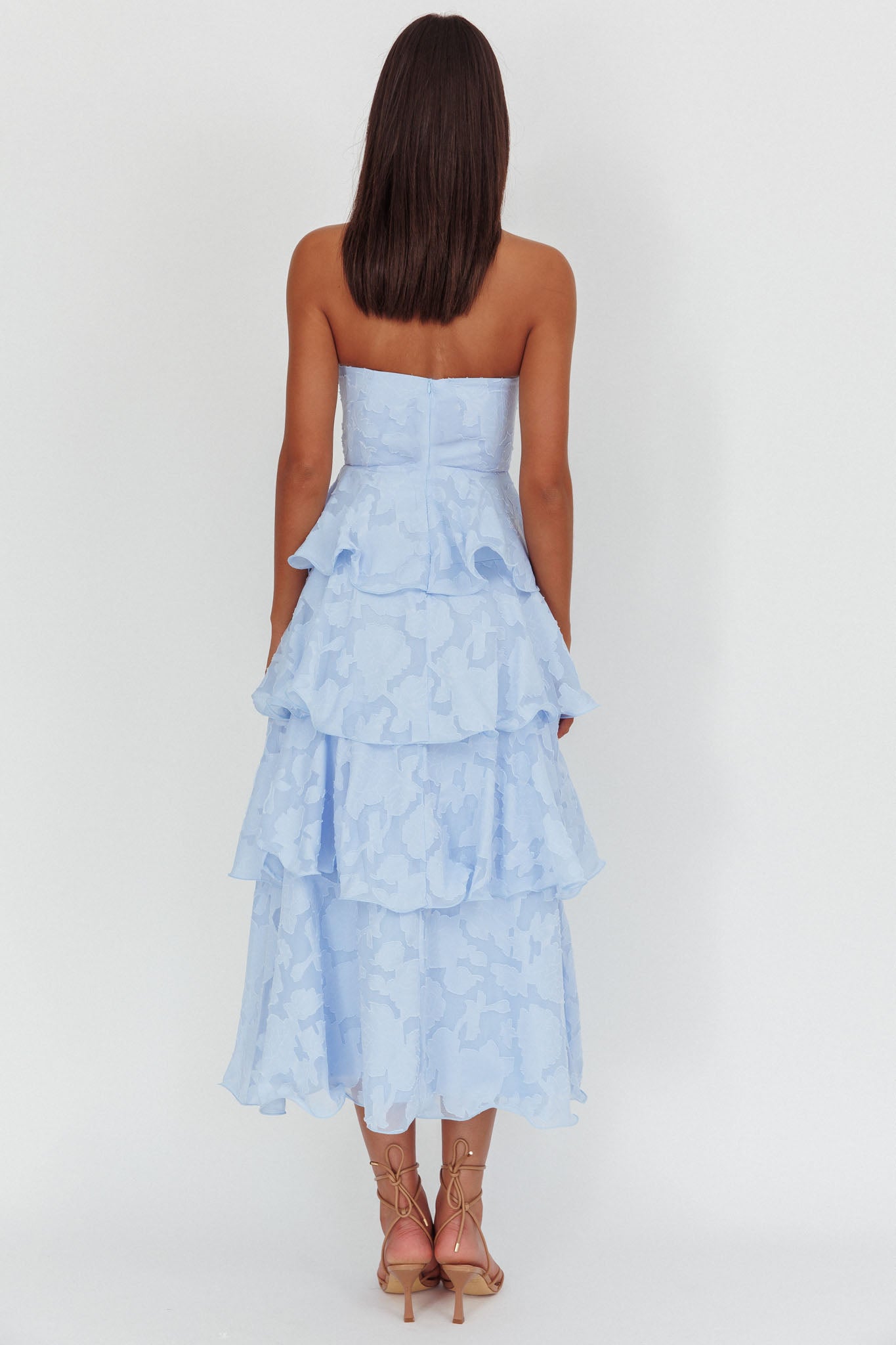 Elodie | Strapless Floral Tiered Ruffle Midi Dress