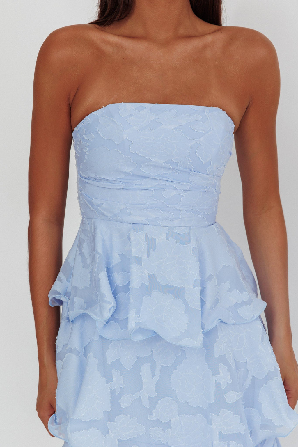 Elodie | Strapless Floral Tiered Ruffle Midi Dress