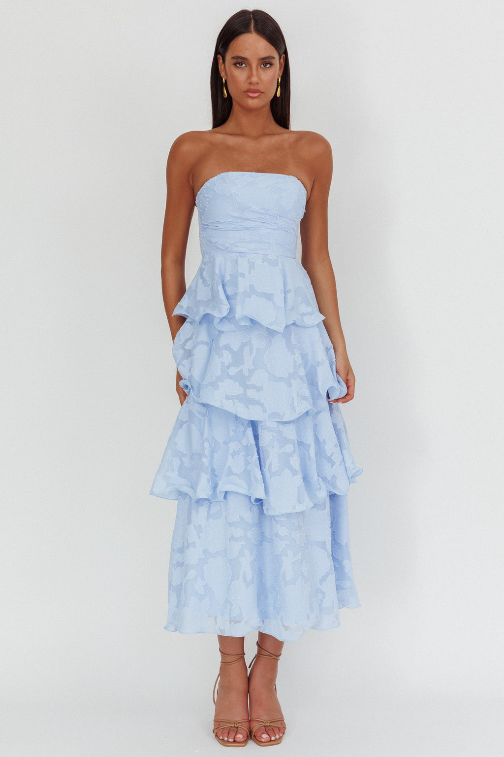 Elodie | Strapless Floral Tiered Ruffle Midi Dress