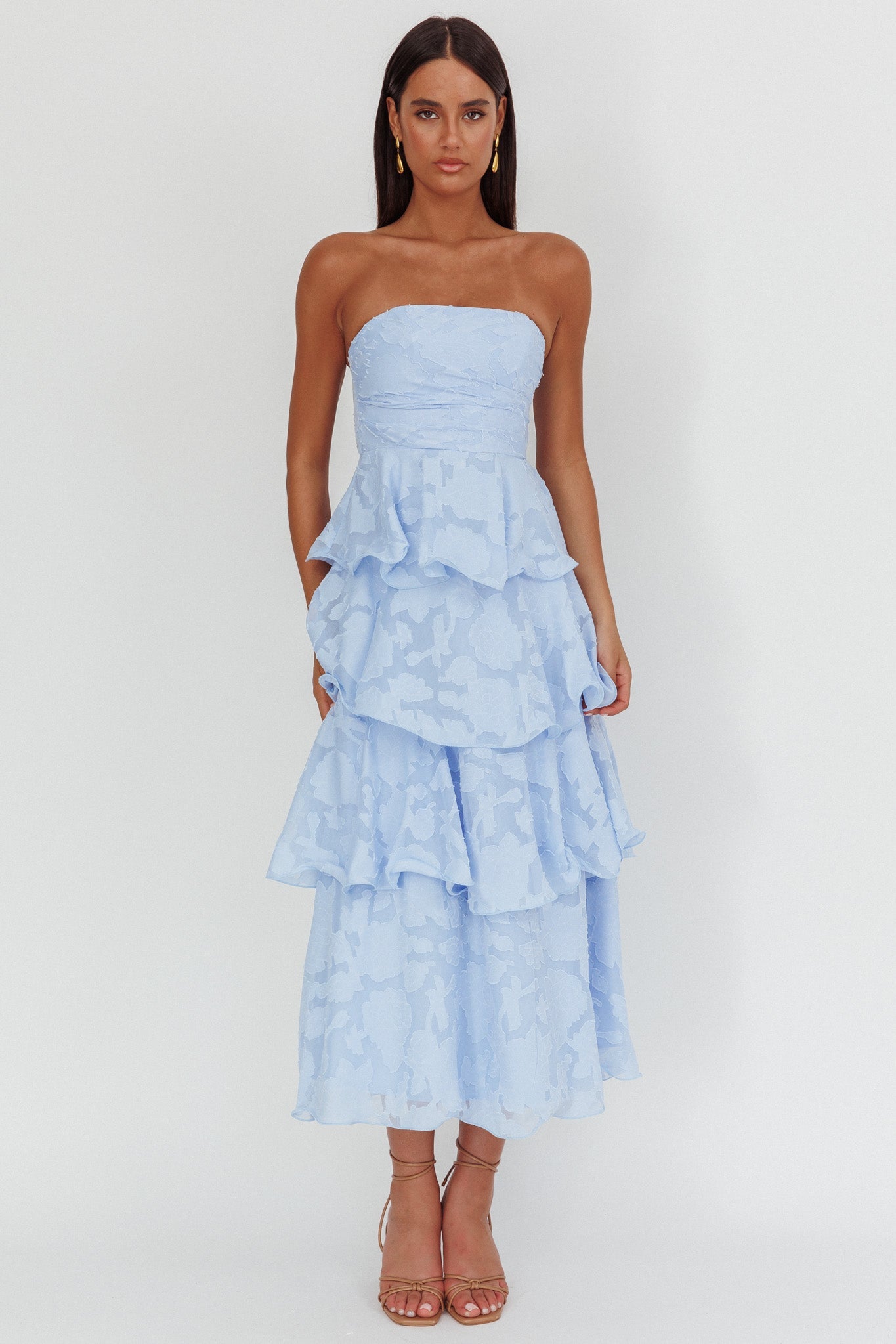 Elodie | Strapless Floral Tiered Ruffle Midi Dress