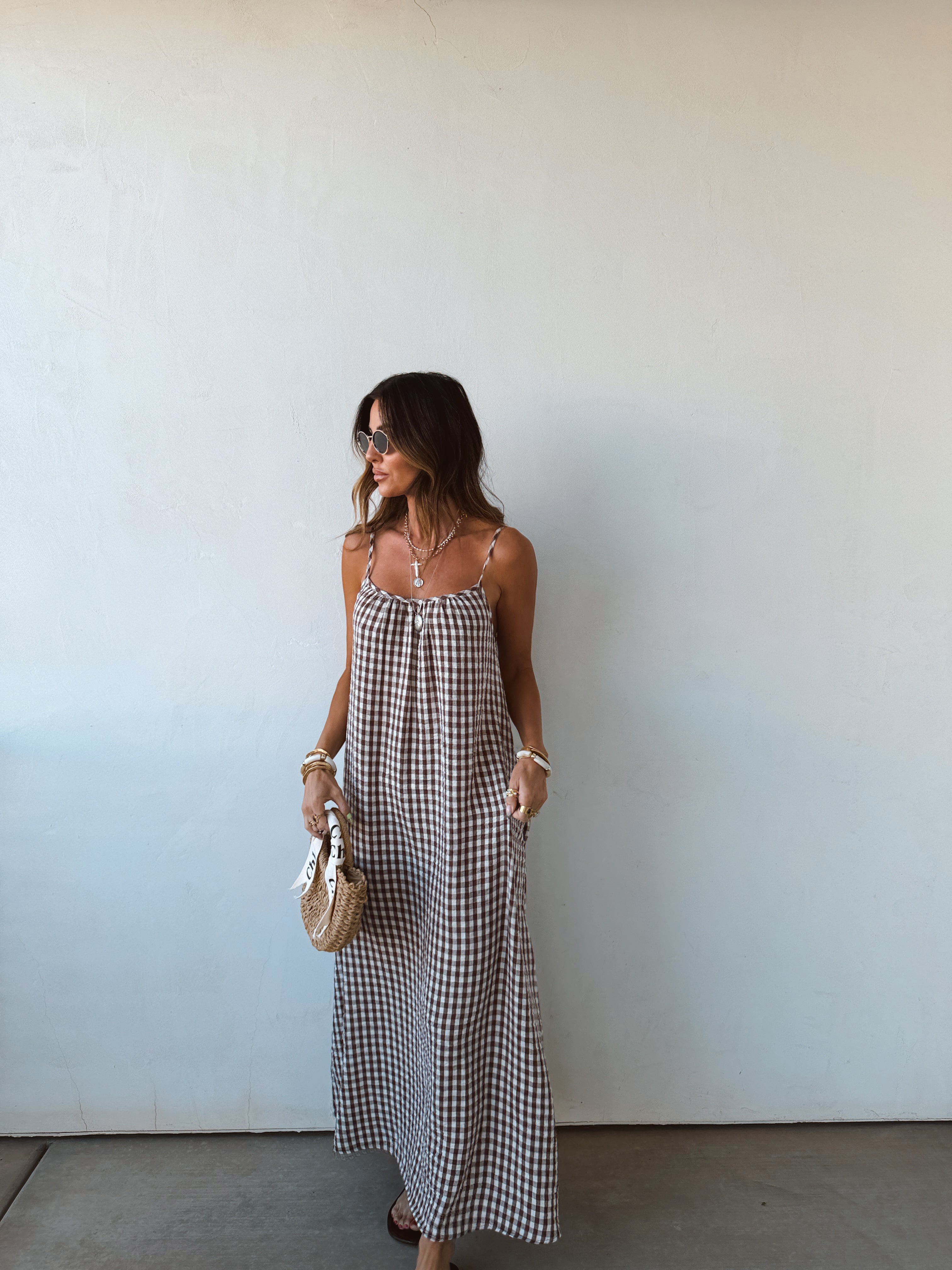 Sadie | Gingham Cotton Scoop-Neck Spaghetti Strap Maxi Dress