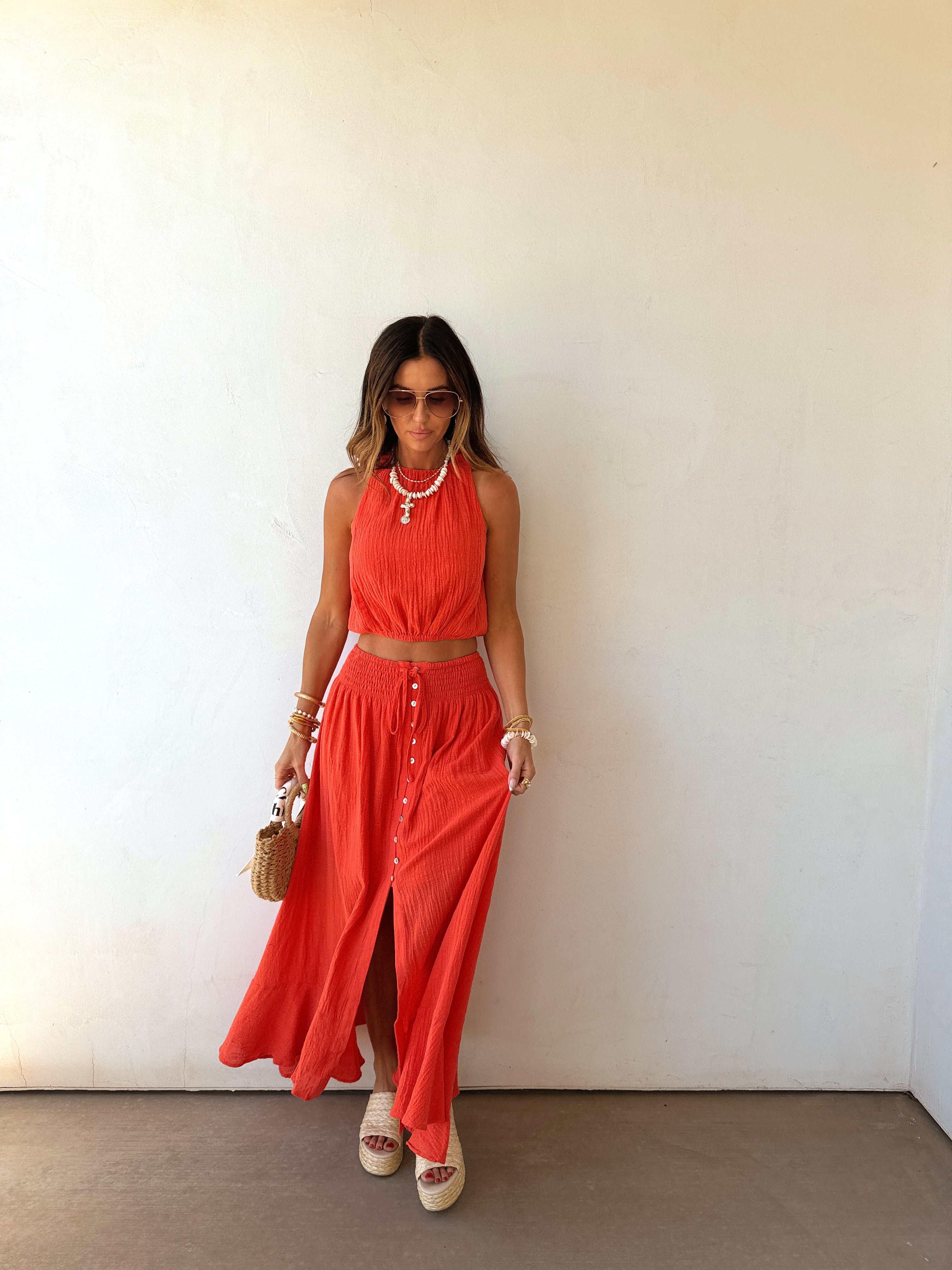 Brooklyn | Cotton Gauze Halter Crop Top Button Maxi Skirt Co-ord Set