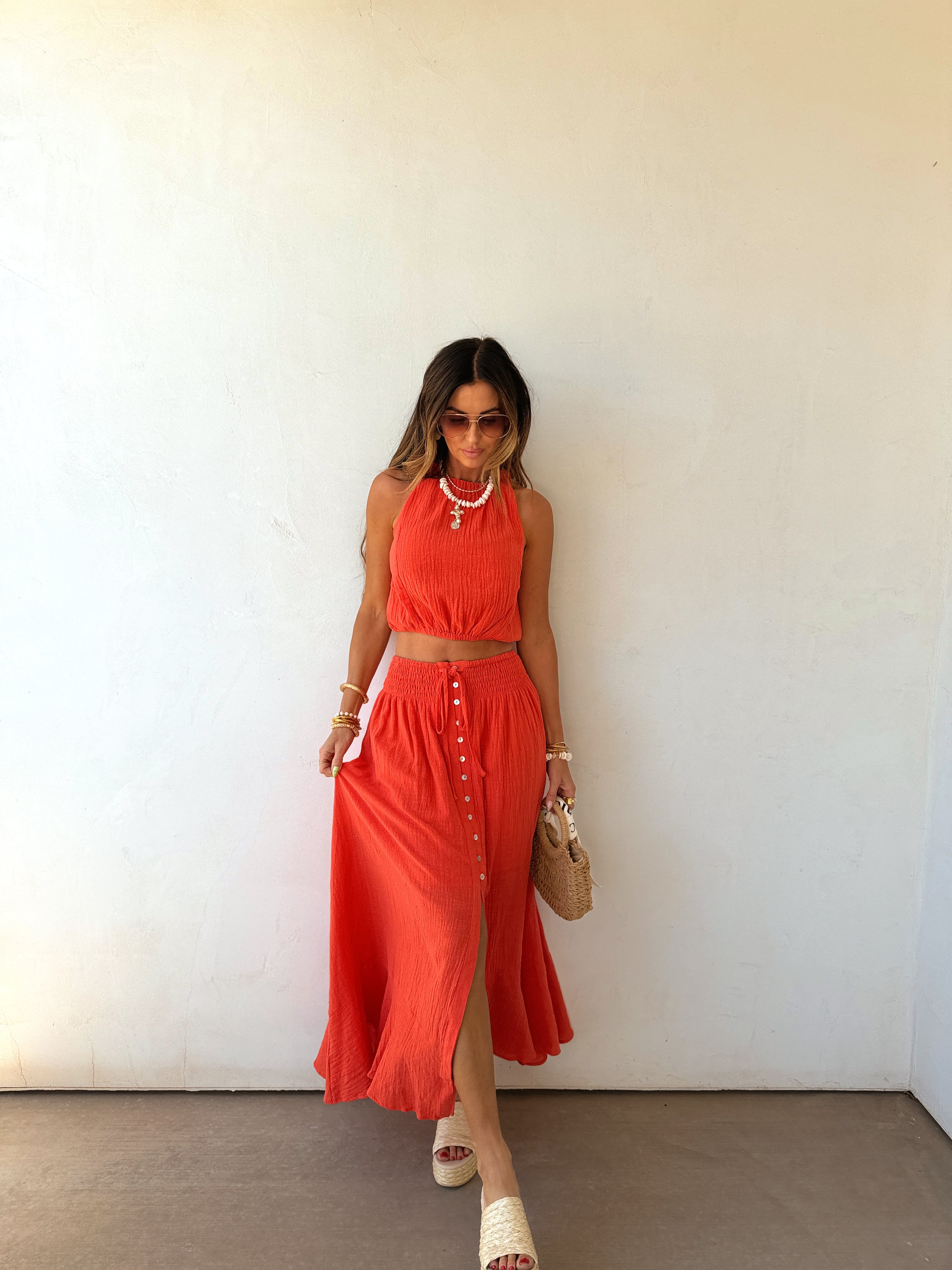Brooklyn | Cotton Gauze Halter Crop Top Button Maxi Skirt Co-ord Set