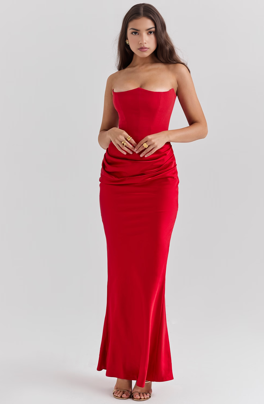 Cynthia | Strapless Draped Satin Maxi Dress