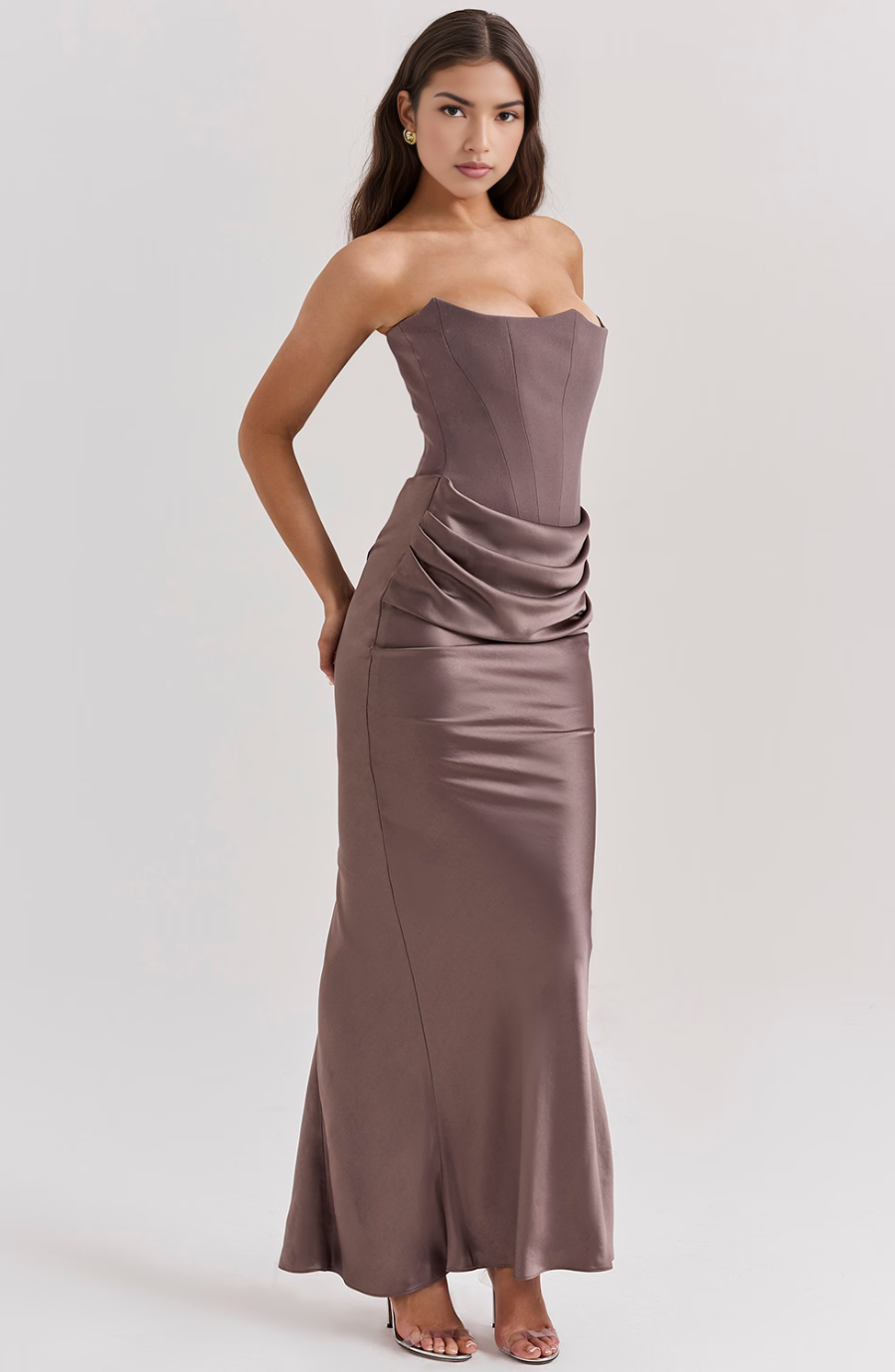 Cynthia | Strapless Draped Satin Maxi Dress