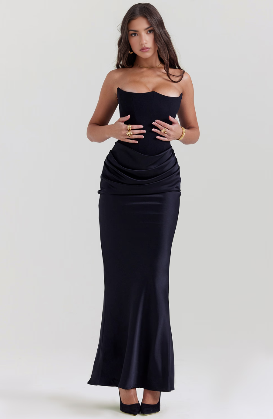 Cynthia | Strapless Draped Satin Maxi Dress