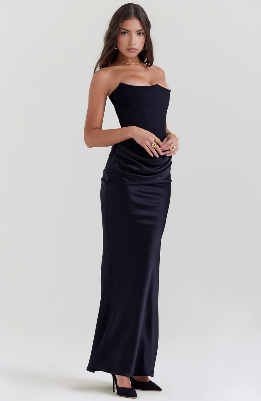 Cynthia | Strapless Draped Satin Maxi Dress