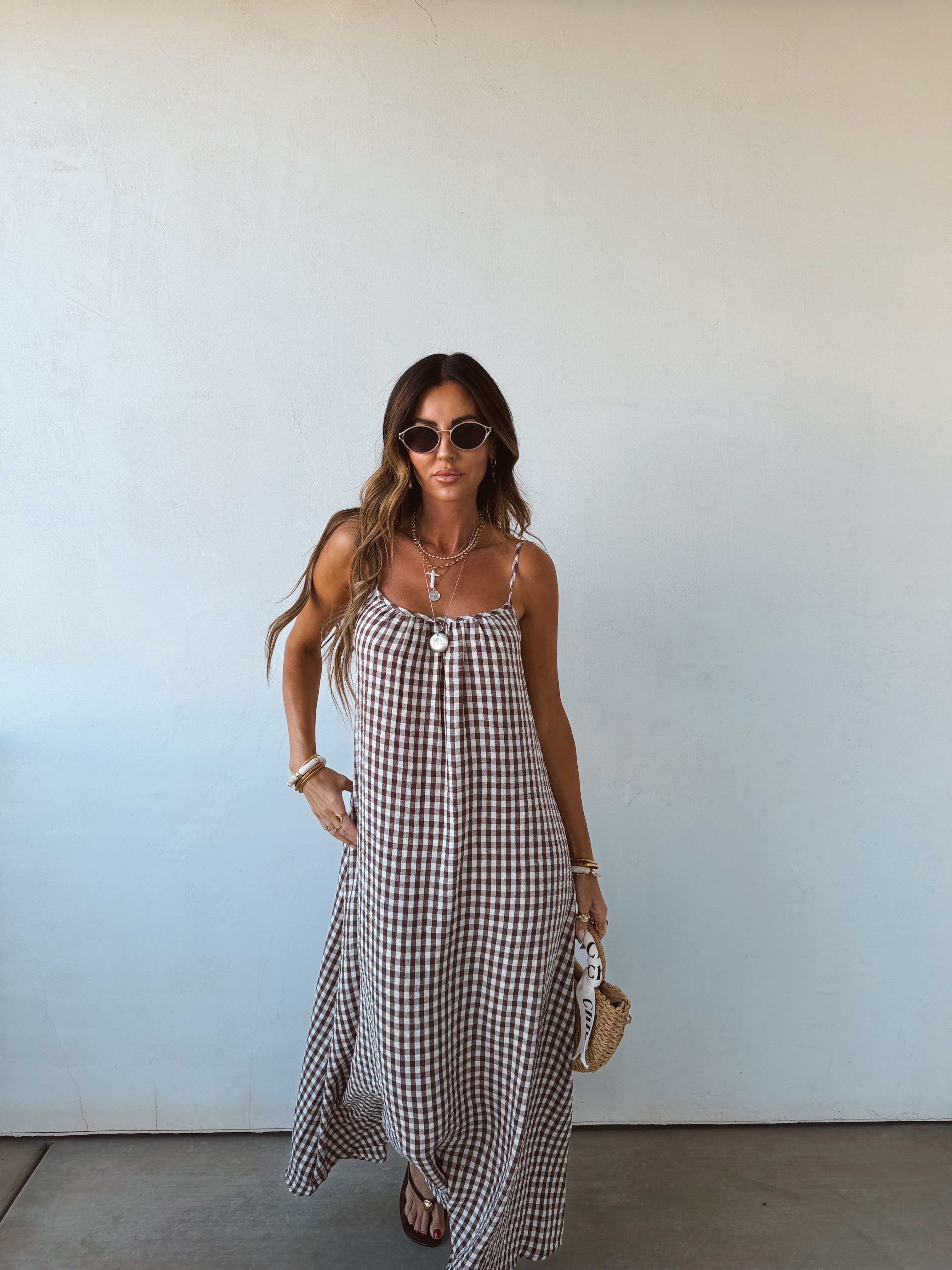 Sadie | Gingham Cotton Scoop-Neck Spaghetti Strap Maxi Dress